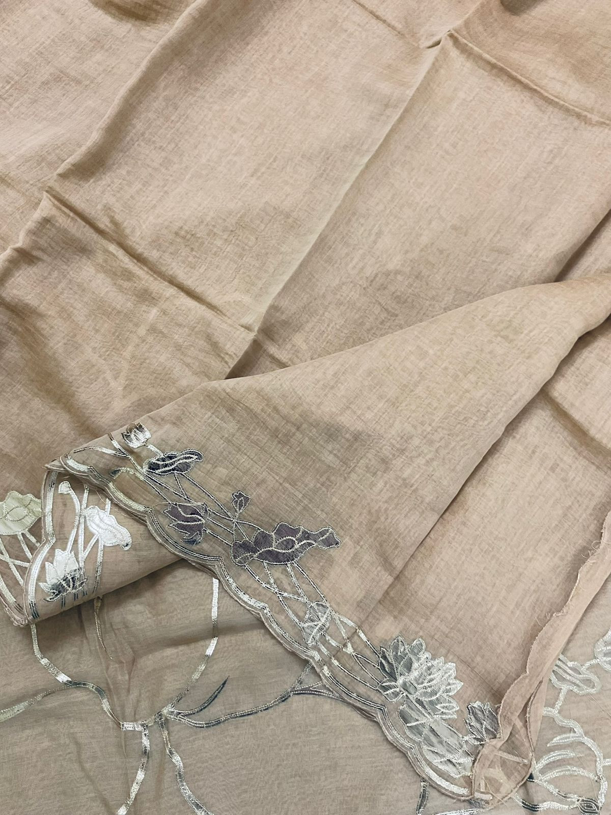 Pure Mul Chanderi Embroidered Suit - Beige