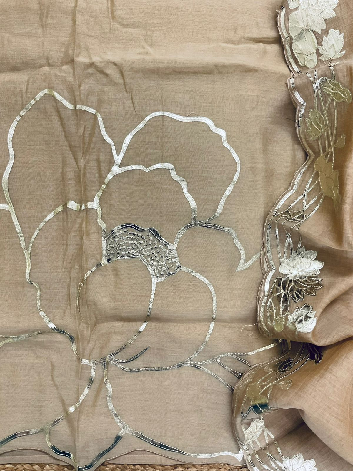 Pure Mul Chanderi Embroidered Suit - Beige