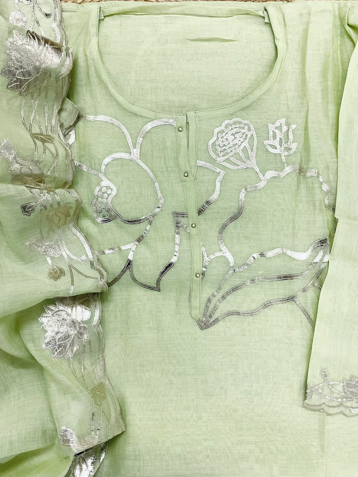 Pure Mul Chanderi Embroidered Suit - Green