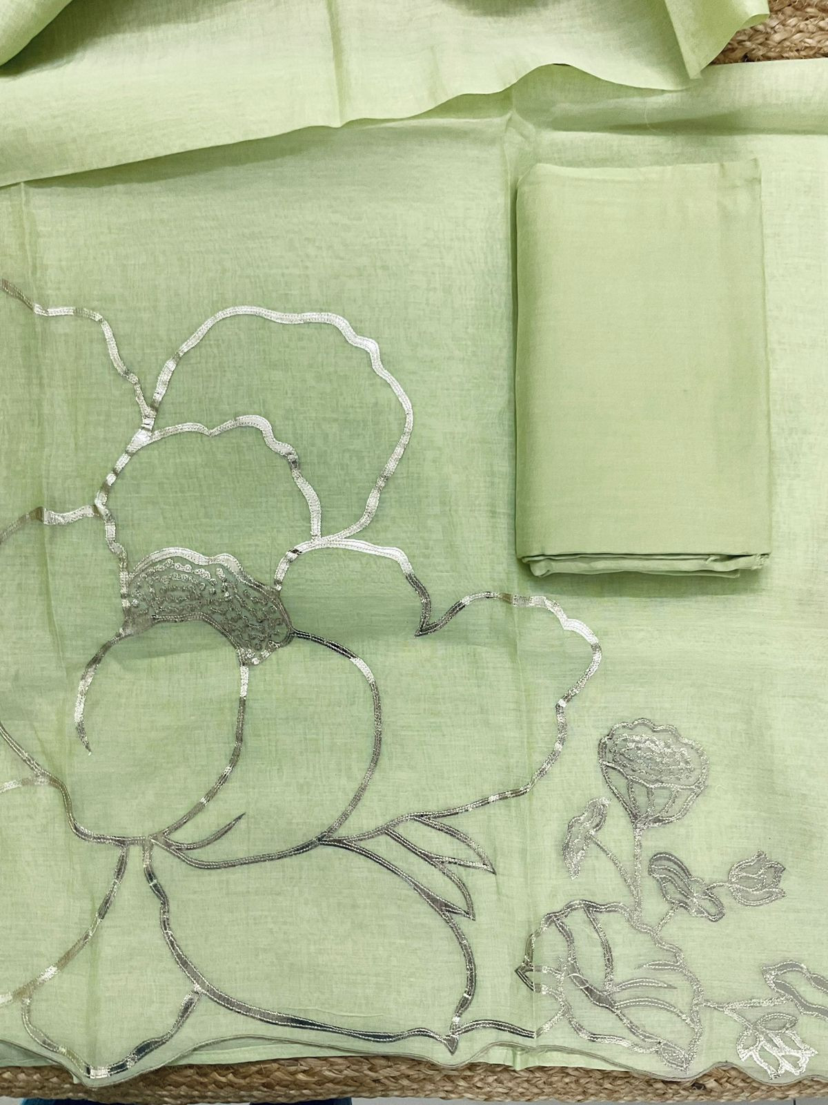 Pure Mul Chanderi Embroidered Suit - Green