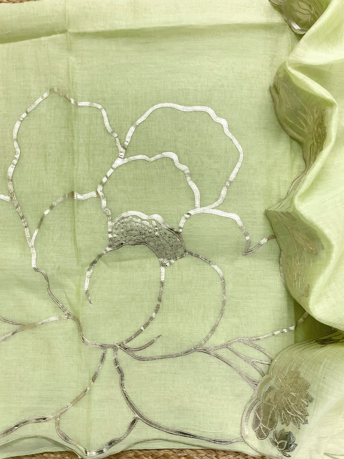 Pure Mul Chanderi Embroidered Suit - Green