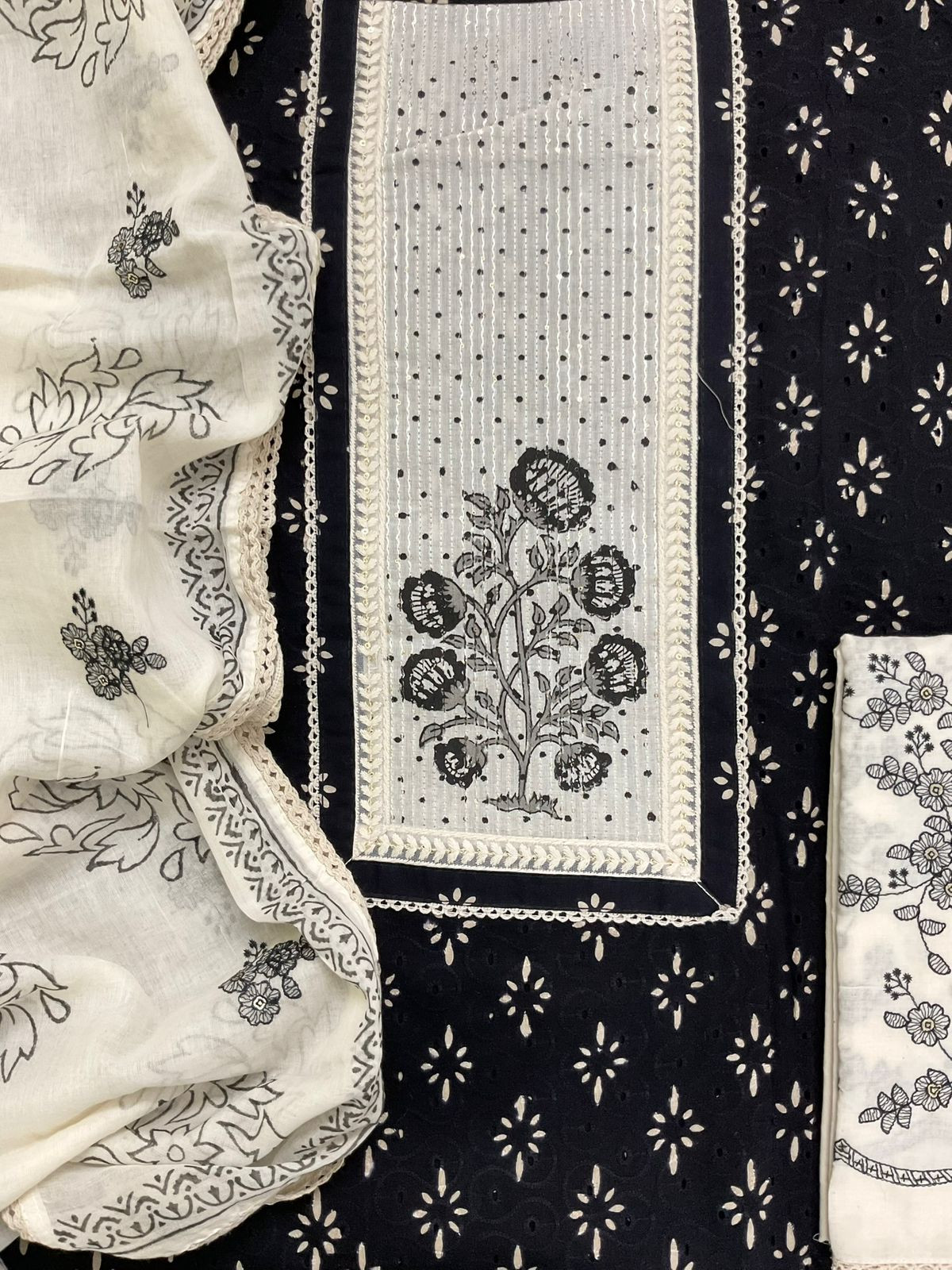 Pure Hakoba Cotton Printed Embroidered Suit - Black