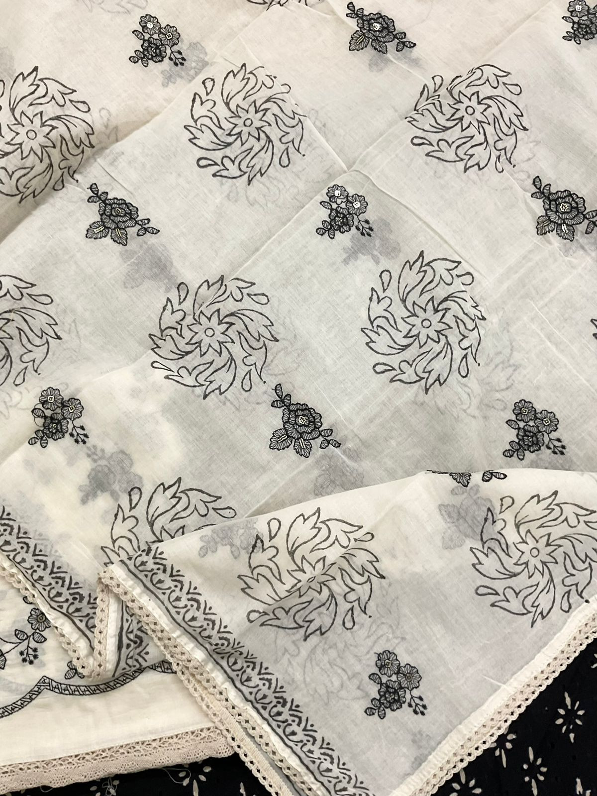 Pure Hakoba Cotton Printed Embroidered Suit - Black