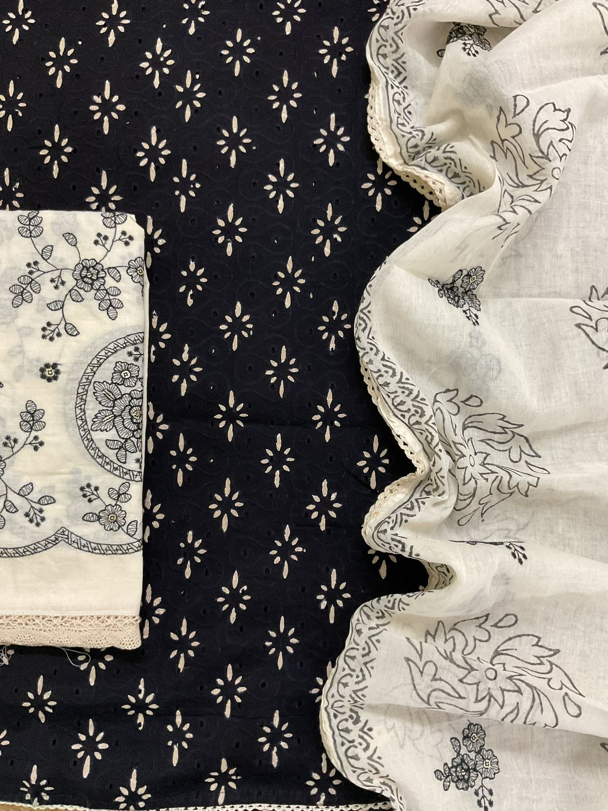 Pure Hakoba Cotton Printed Embroidered Suit - Black