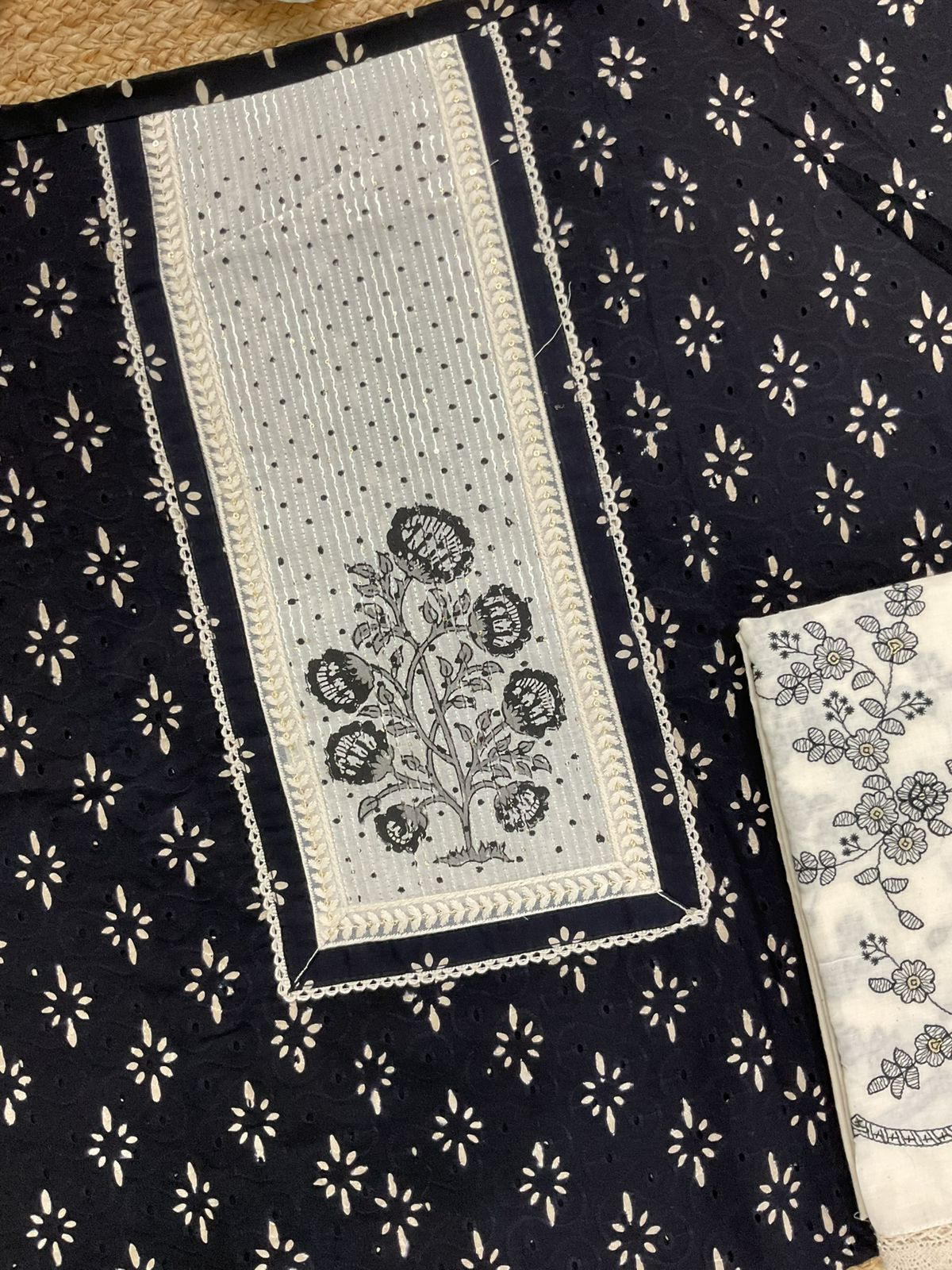 Pure Hakoba Cotton Printed Embroidered Suit - Black