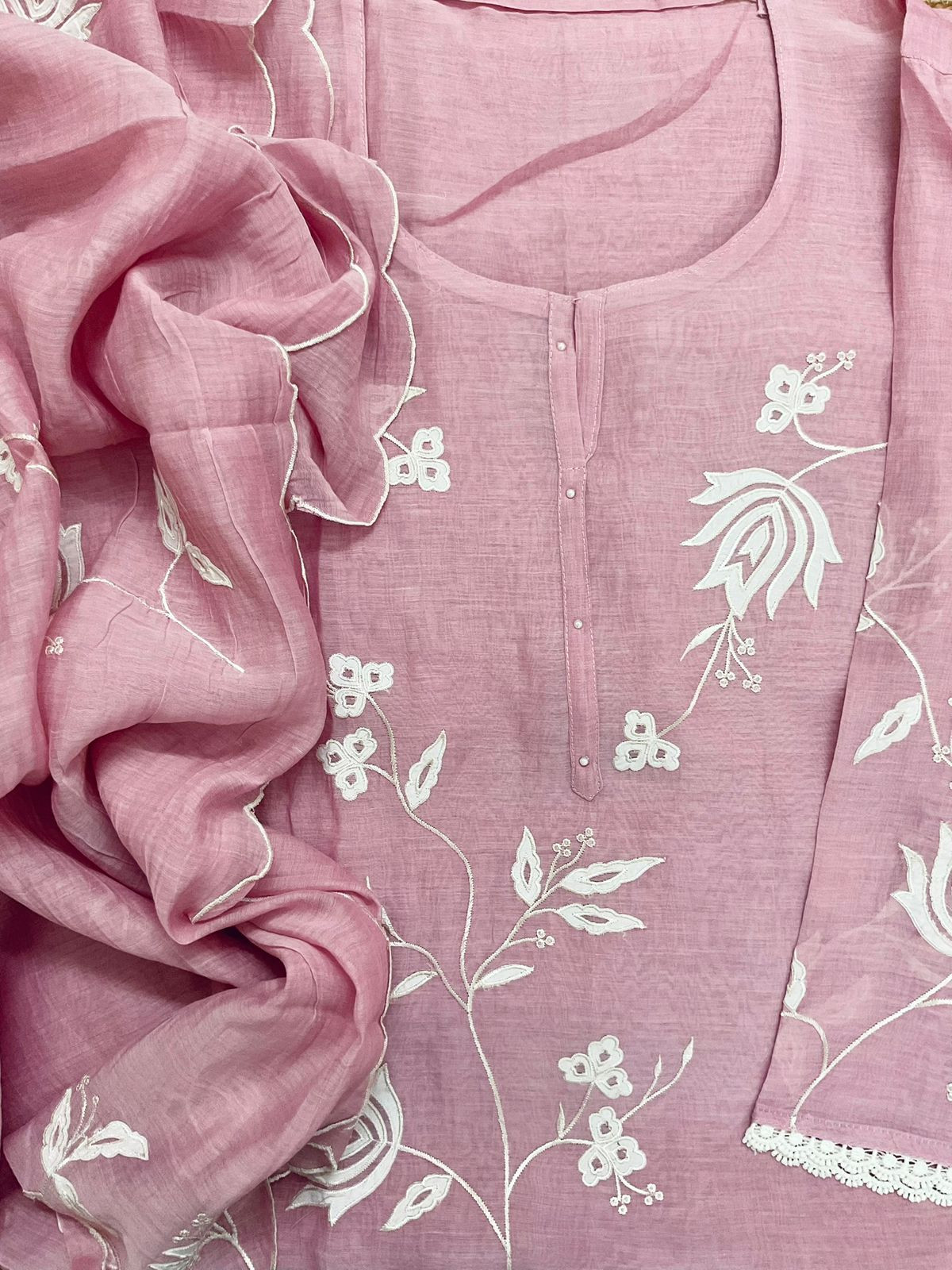 Pure Mul Chanderi Embroidered Suit - Pink