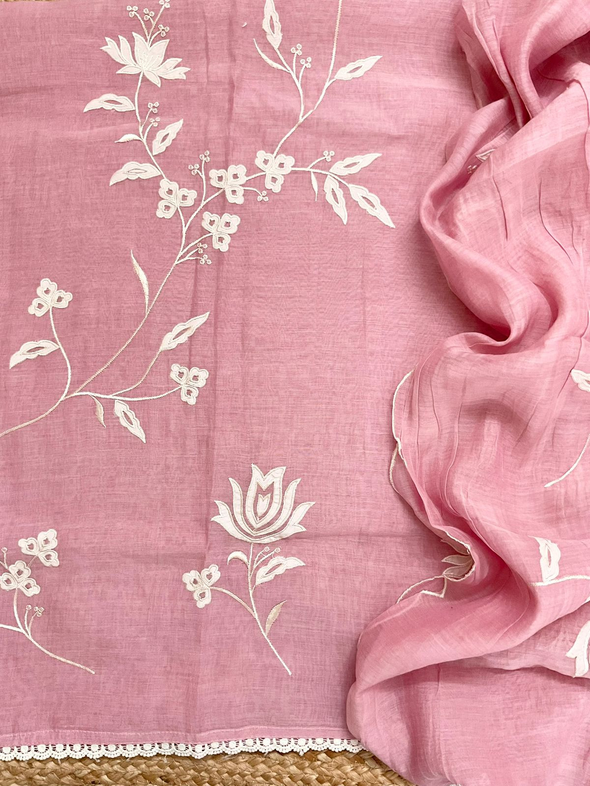 Pure Mul Chanderi Embroidered Suit - Pink