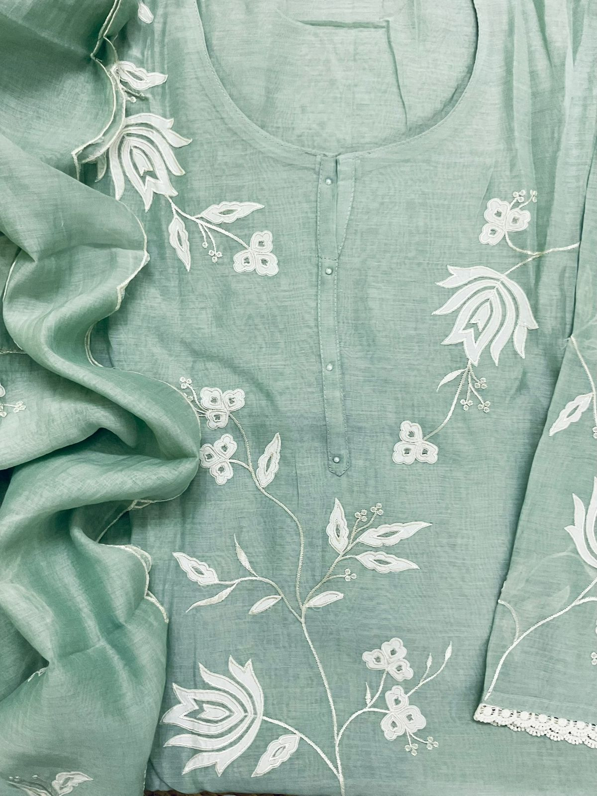 Pure Mul Chanderi Embroidered Suit - Green