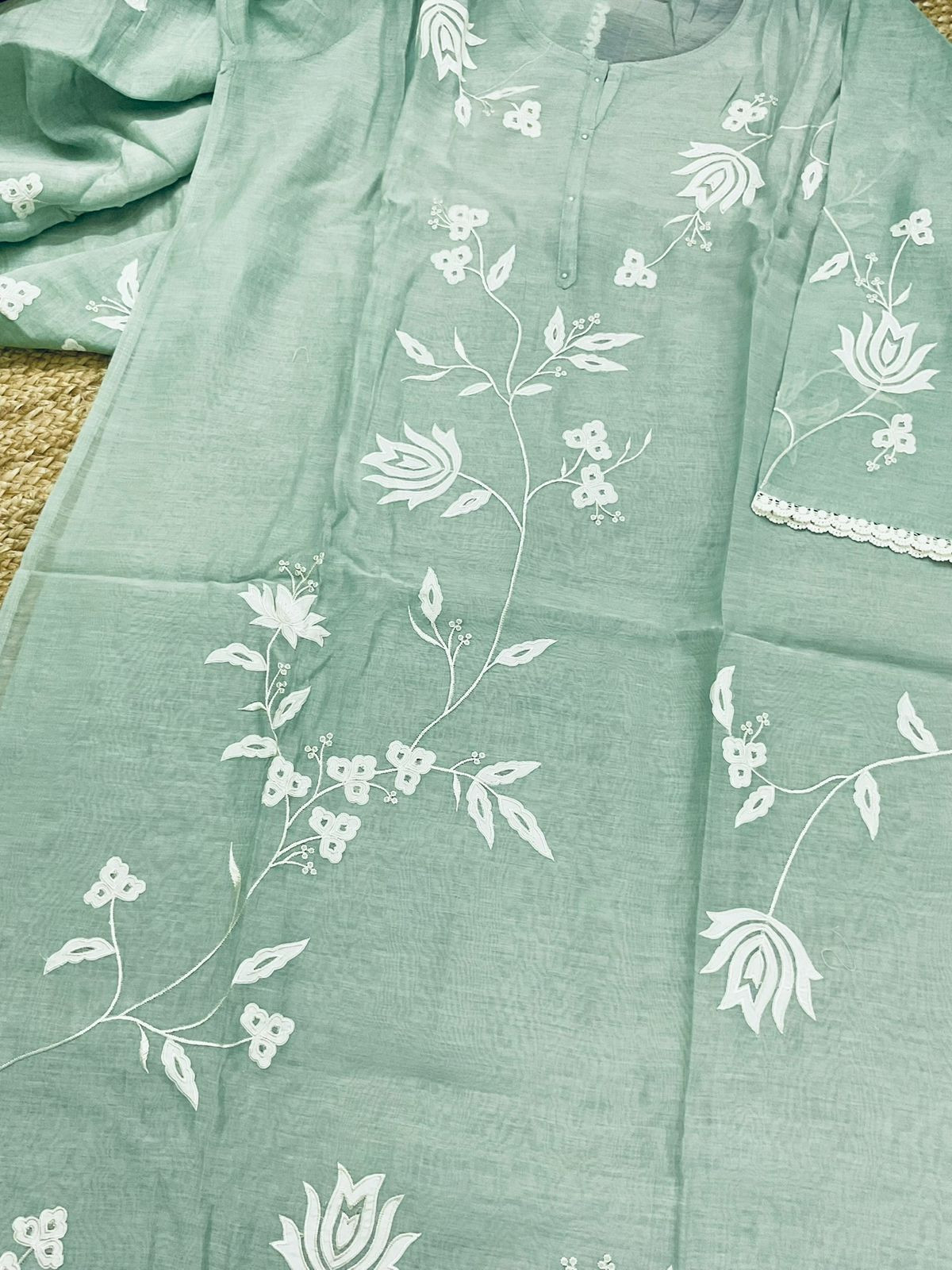 Pure Mul Chanderi Embroidered Suit - Green