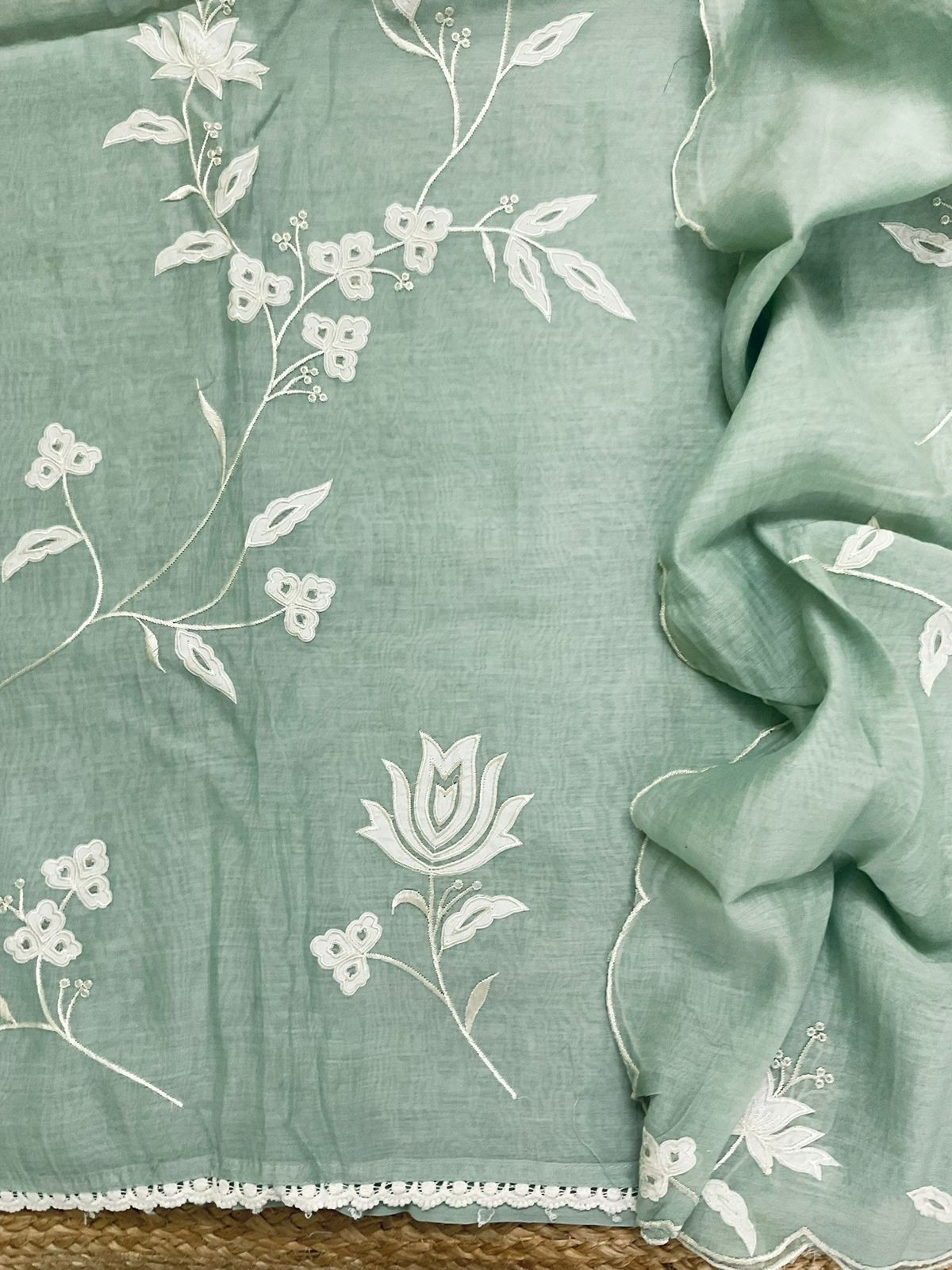 Pure Mul Chanderi Embroidered Suit - Green