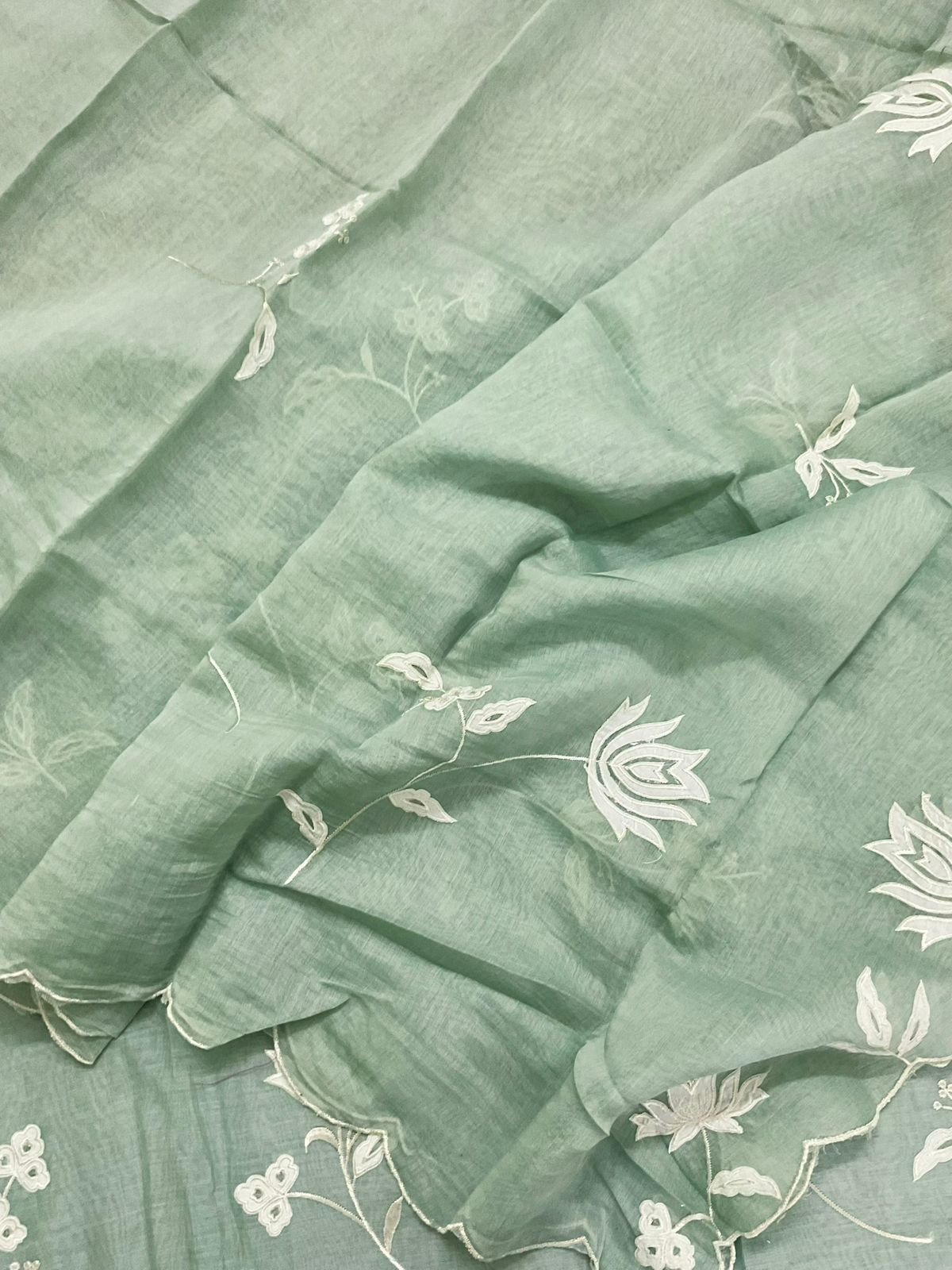 Pure Mul Chanderi Embroidered Suit - Green