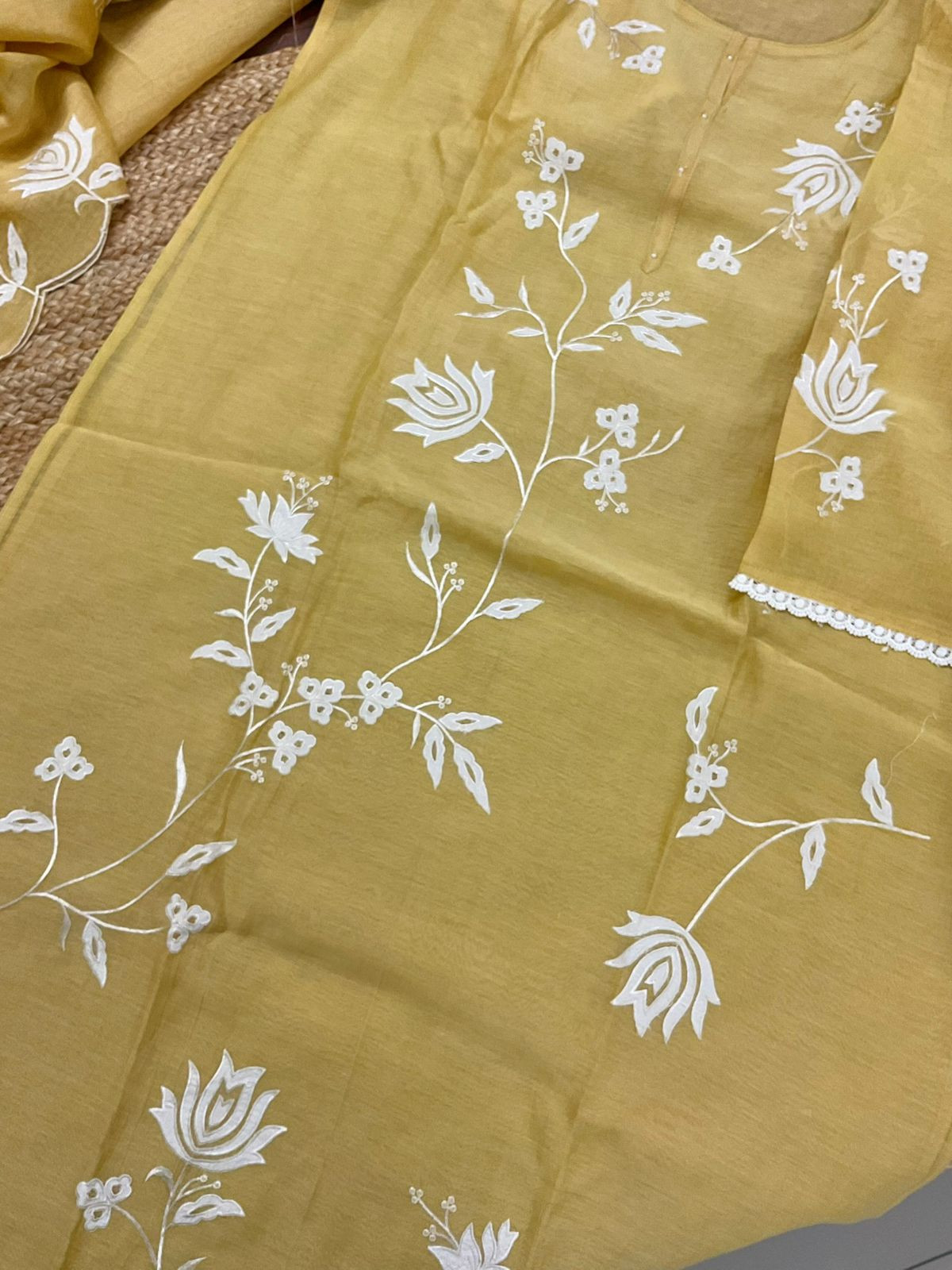 Pure Mul Chanderi Embroidered Suit - Yellow