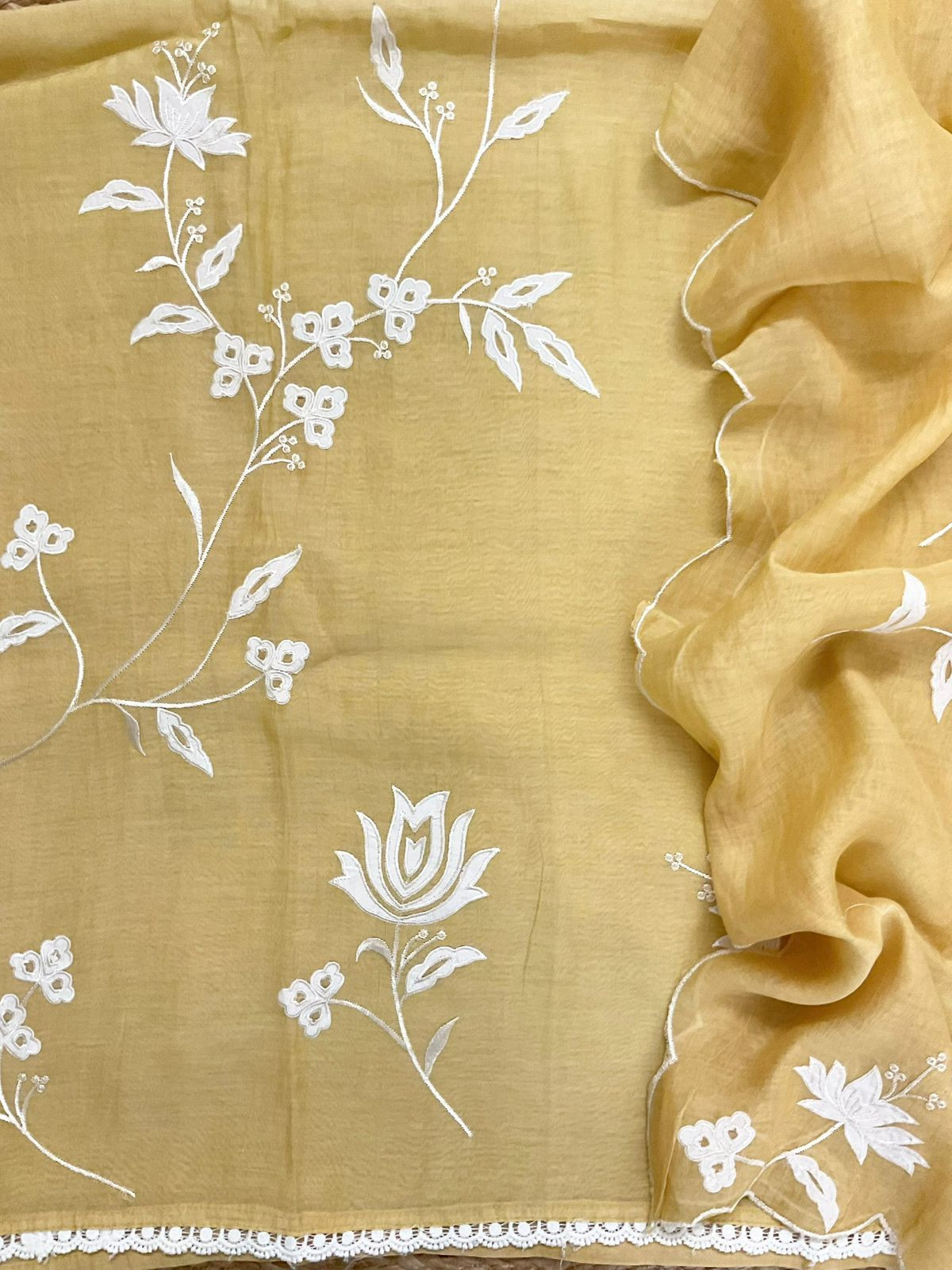 Pure Mul Chanderi Embroidered Suit - Yellow