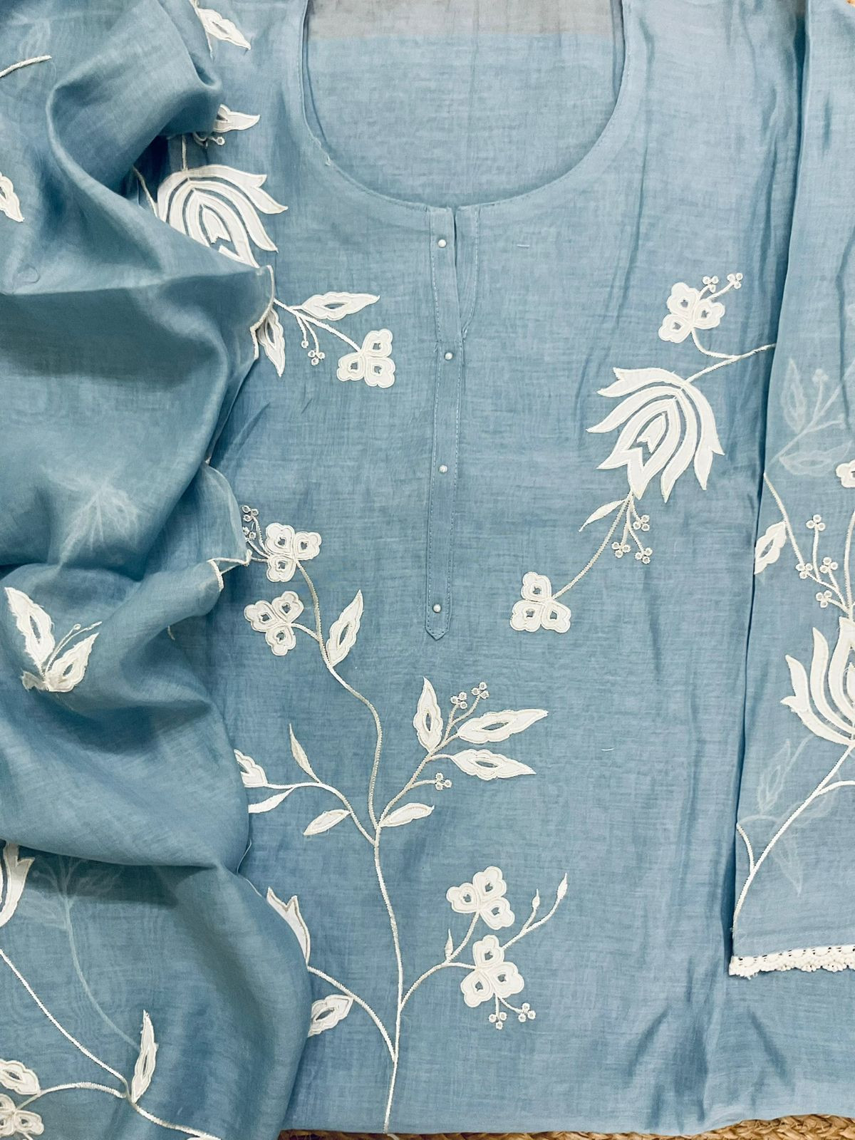 Pure Mul Chanderi Embroidered Suit - Greyish Blue