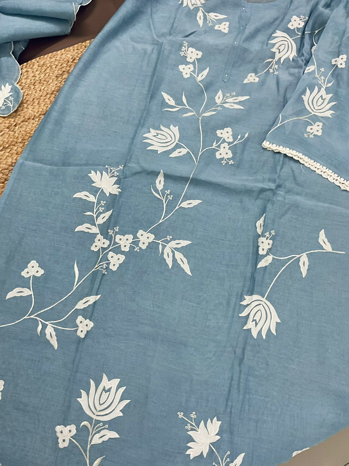 Pure Mul Chanderi Embroidered Suit - Greyish Blue
