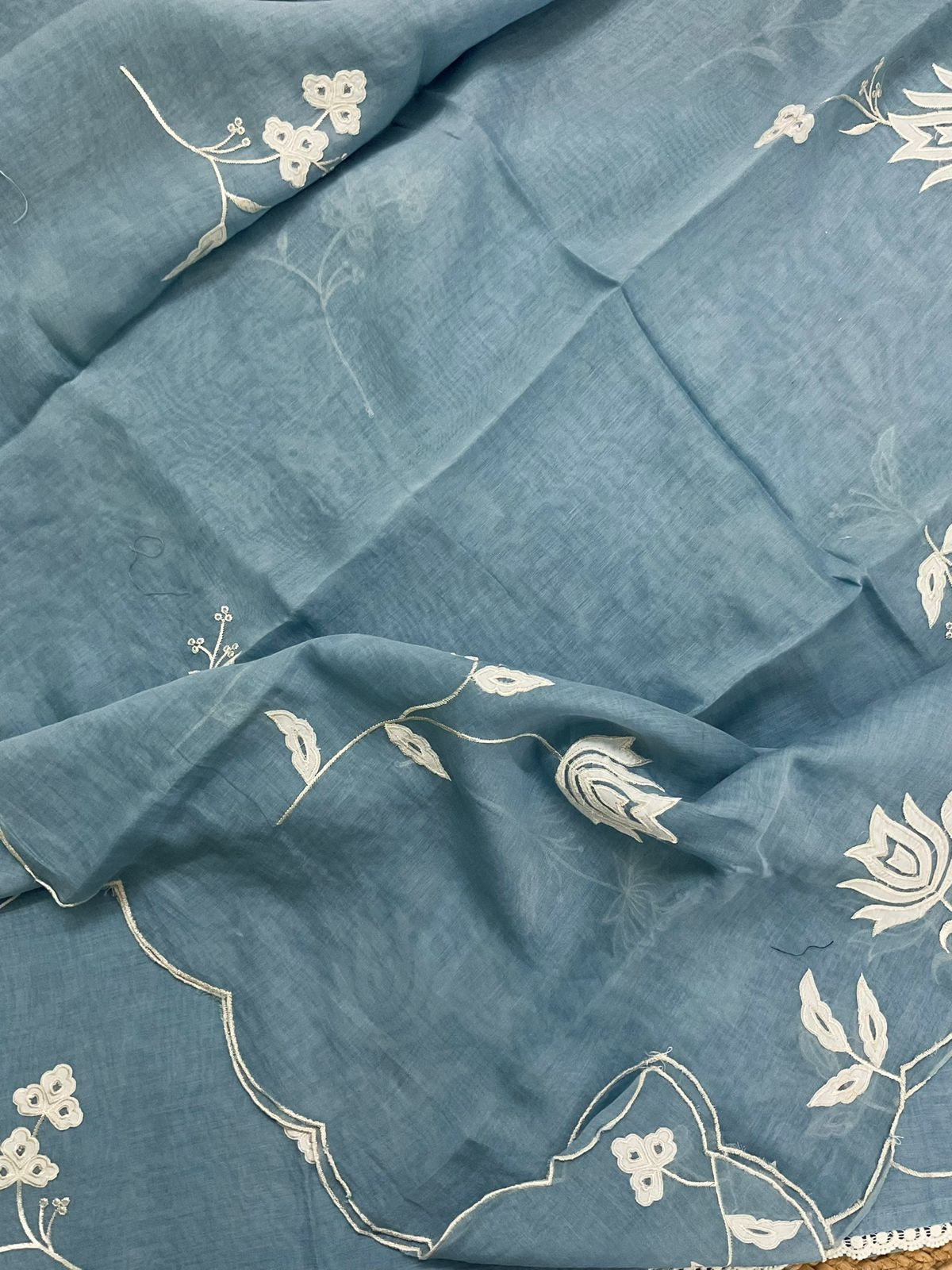 Pure Mul Chanderi Embroidered Suit - Greyish Blue