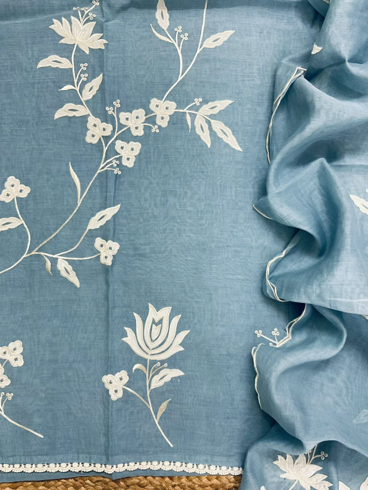 Pure Mul Chanderi Embroidered Suit - Greyish Blue