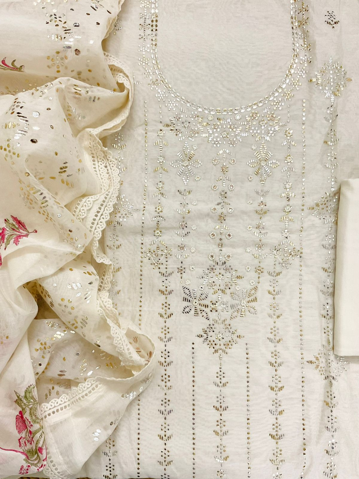 Pure Chanderi Printed Embroidered Suit - Off White