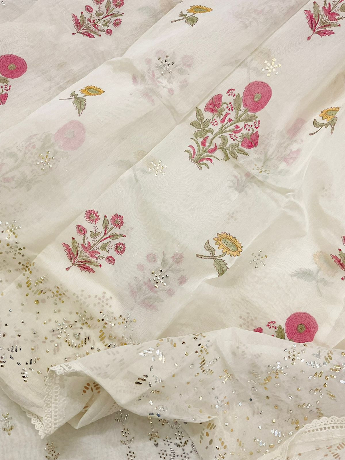 Pure Chanderi Printed Embroidered Suit - Off White