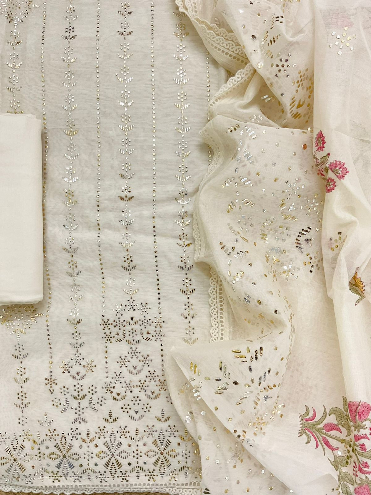Pure Chanderi Printed Embroidered Suit - Off White