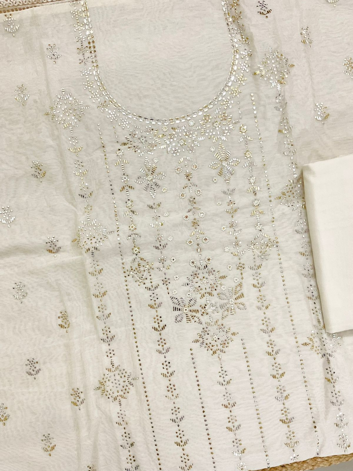 Pure Chanderi Printed Embroidered Suit - Off White