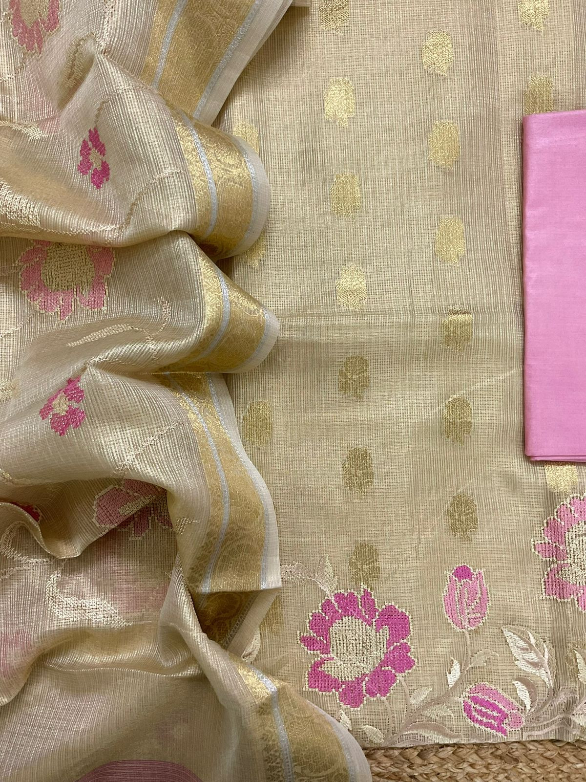 Soft Tissue Kota Silk Banarasi Weaved Embroidered Suit - Beige