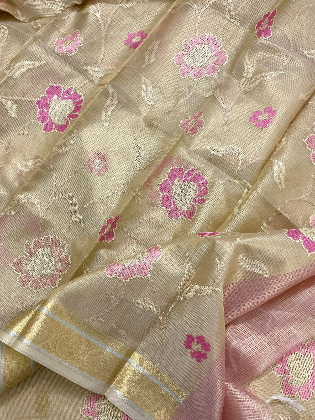 Soft Tissue Kota Silk Banarasi Weaved Embroidered Suit - Beige