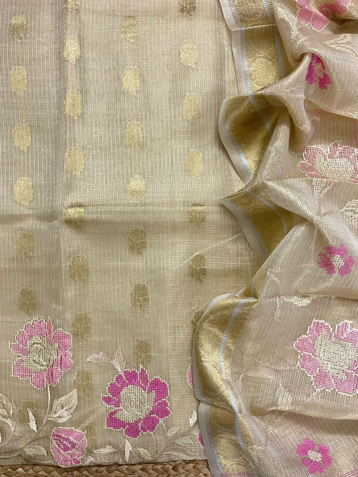Soft Tissue Kota Silk Banarasi Weaved Embroidered Suit - Beige