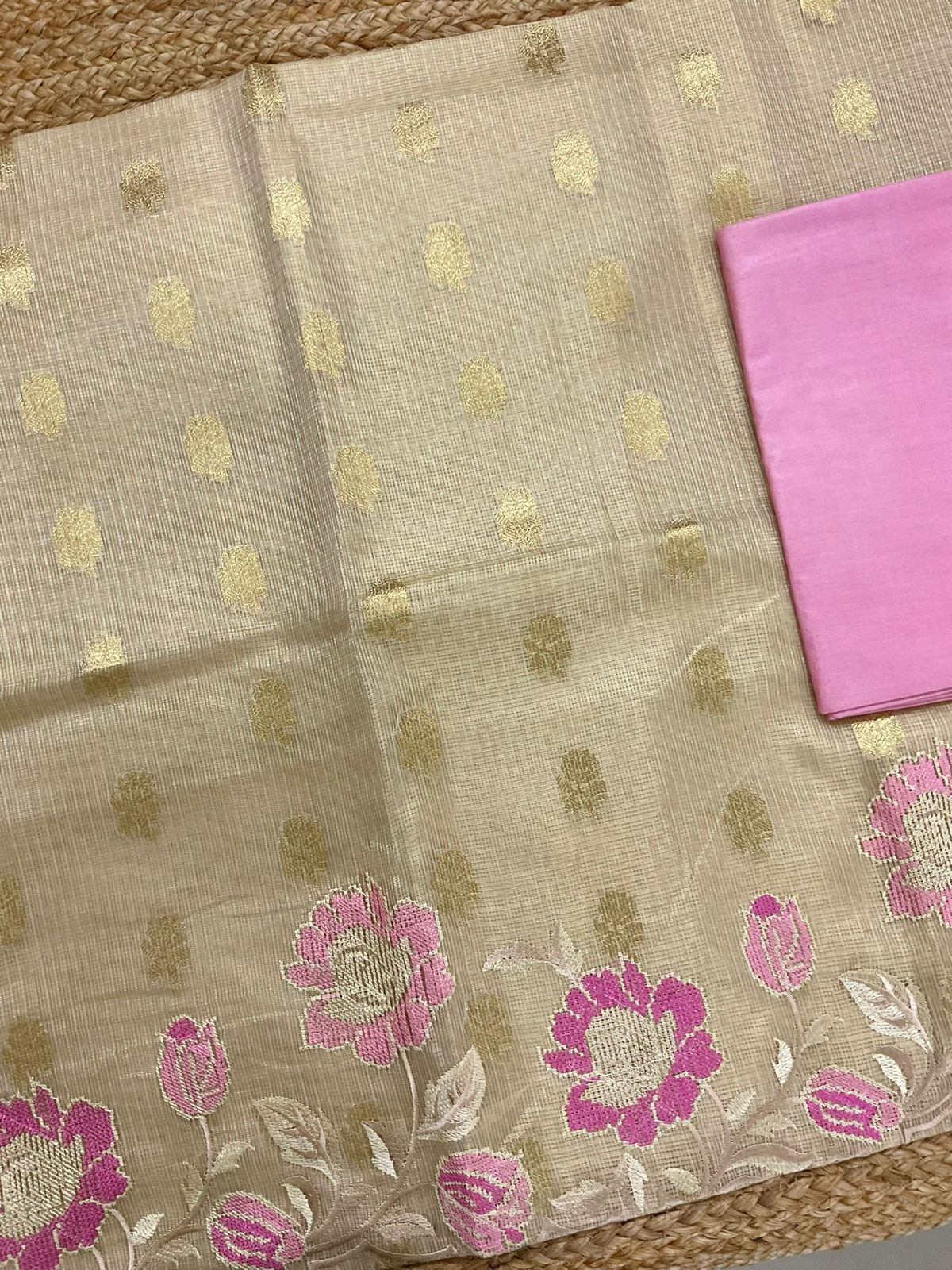 Soft Tissue Kota Silk Banarasi Weaved Embroidered Suit - Beige