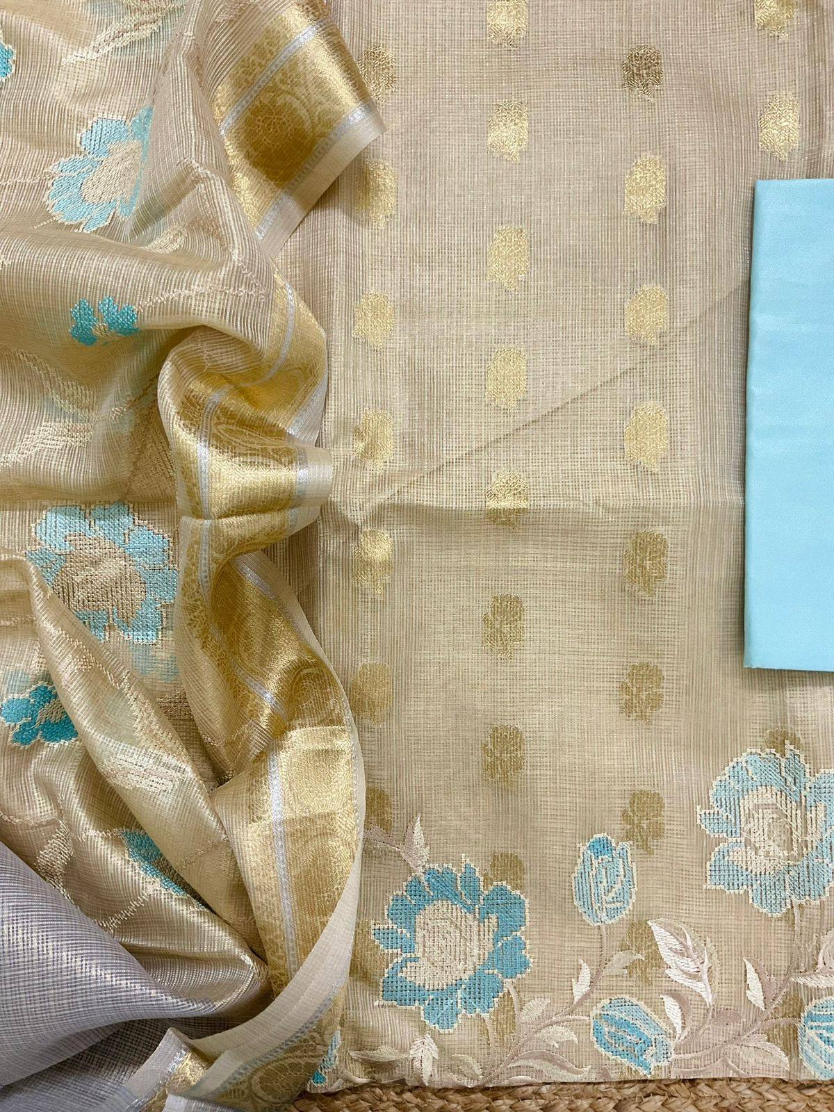 Soft Tissue Kota Silk Banarasi Weaved Embroidered Suit - Beige