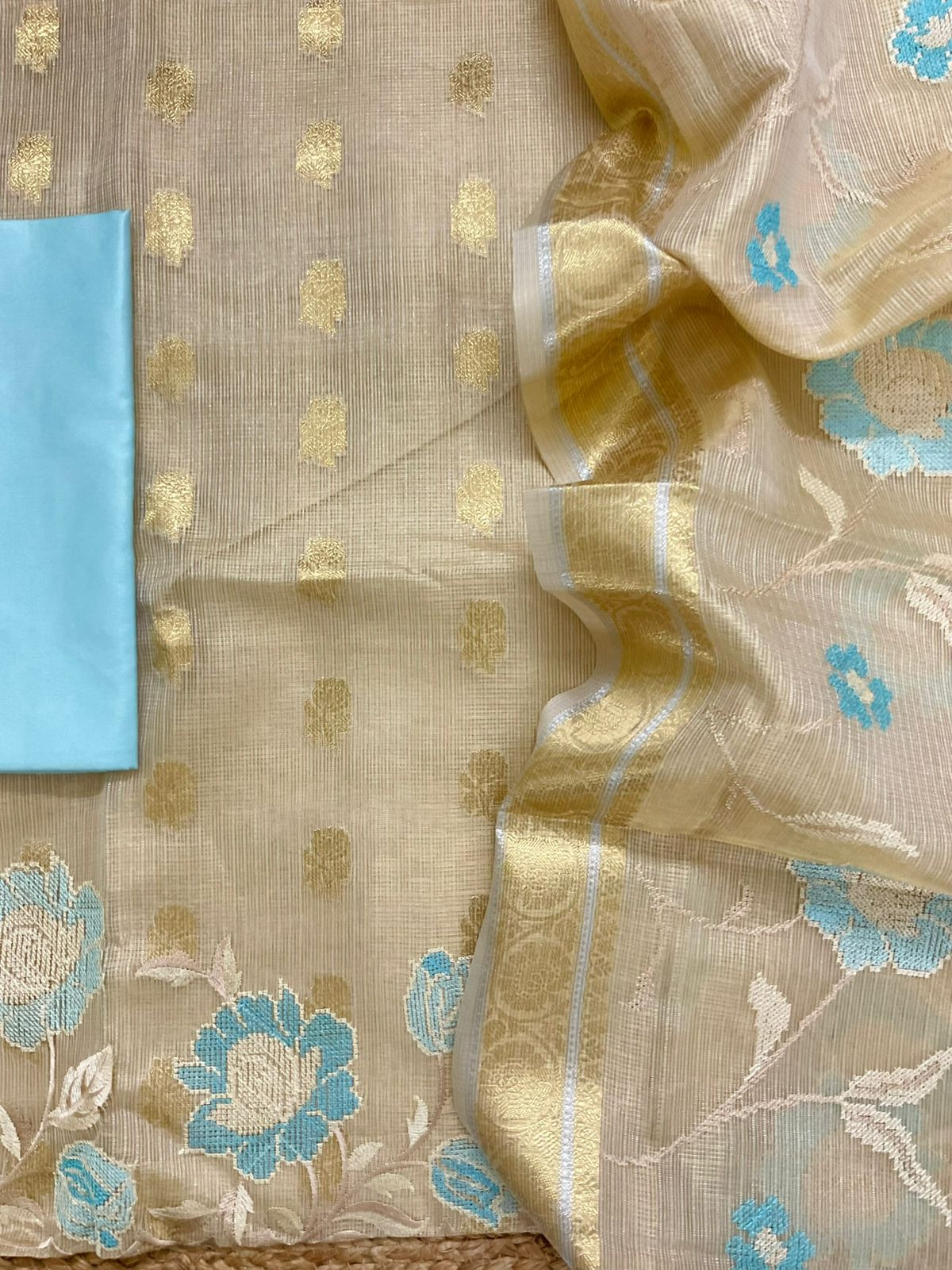 Soft Tissue Kota Silk Banarasi Weaved Embroidered Suit - Beige