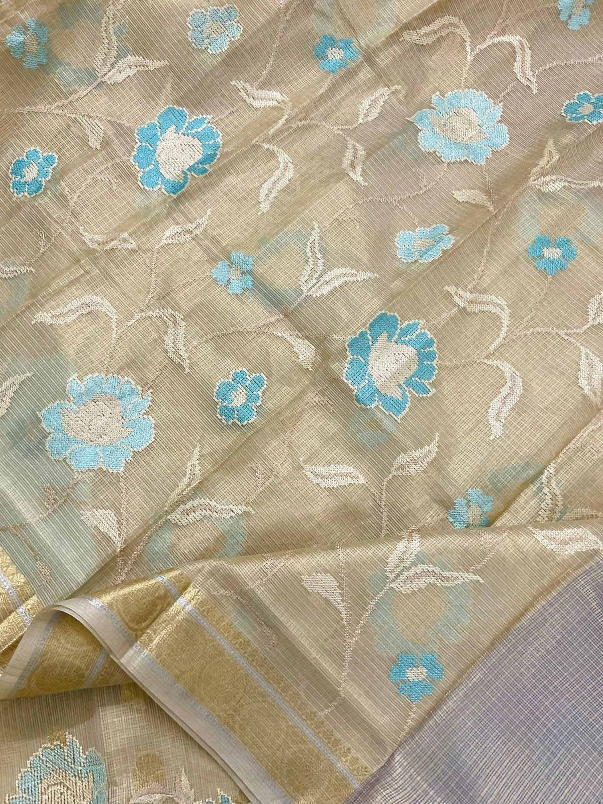 Soft Tissue Kota Silk Banarasi Weaved Embroidered Suit - Beige
