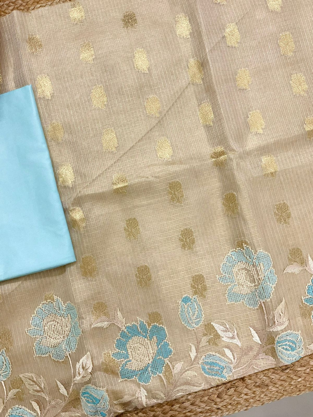 Soft Tissue Kota Silk Banarasi Weaved Embroidered Suit - Beige