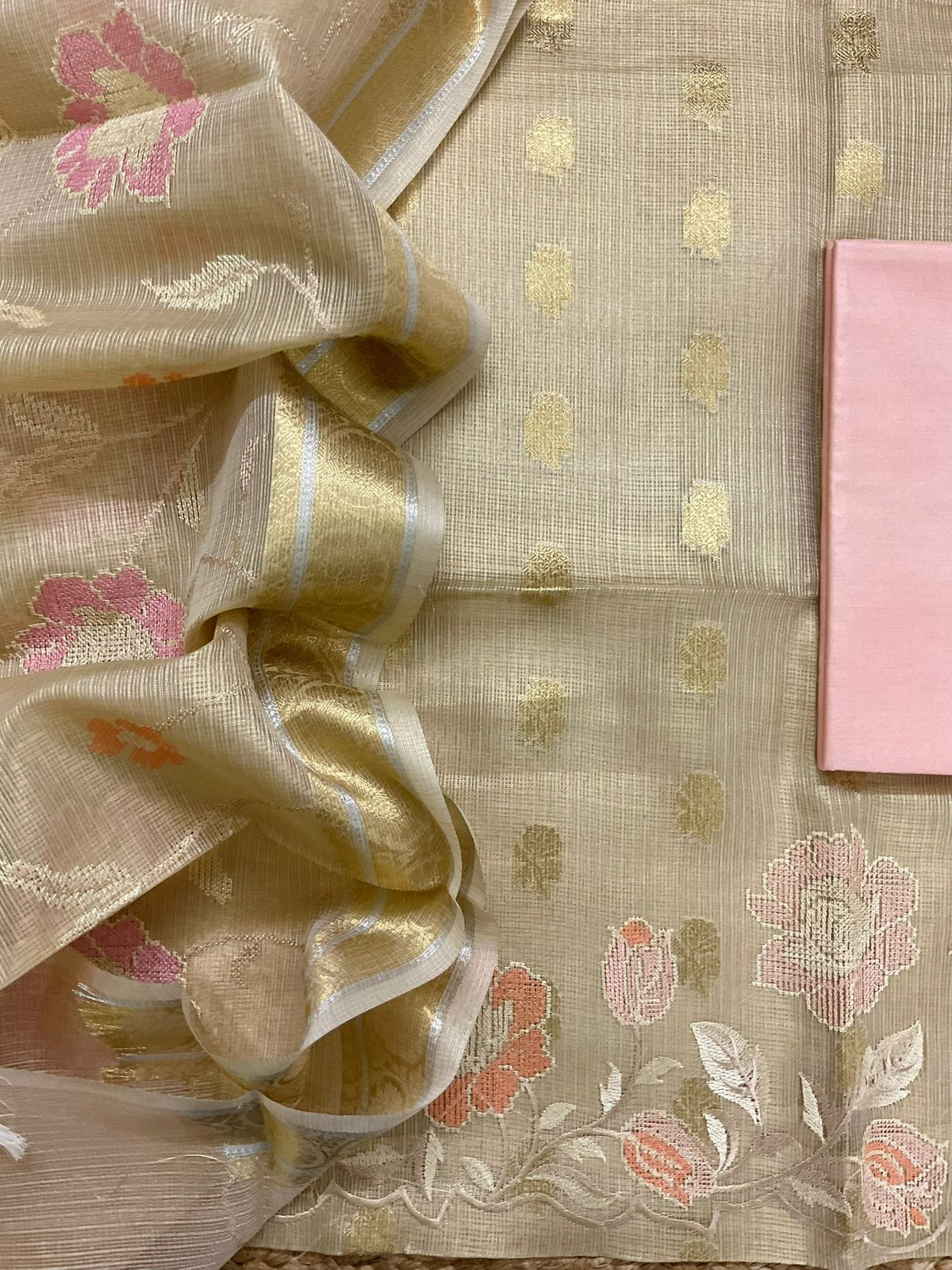 Soft Tissue Kota Silk Banarasi Weaved Embroidered Suit - Beige