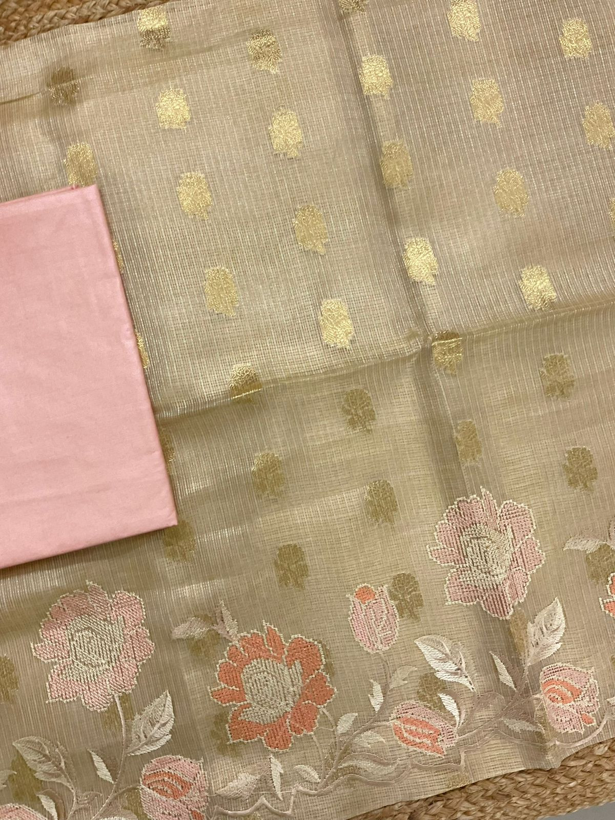 Soft Tissue Kota Silk Banarasi Weaved Embroidered Suit - Beige