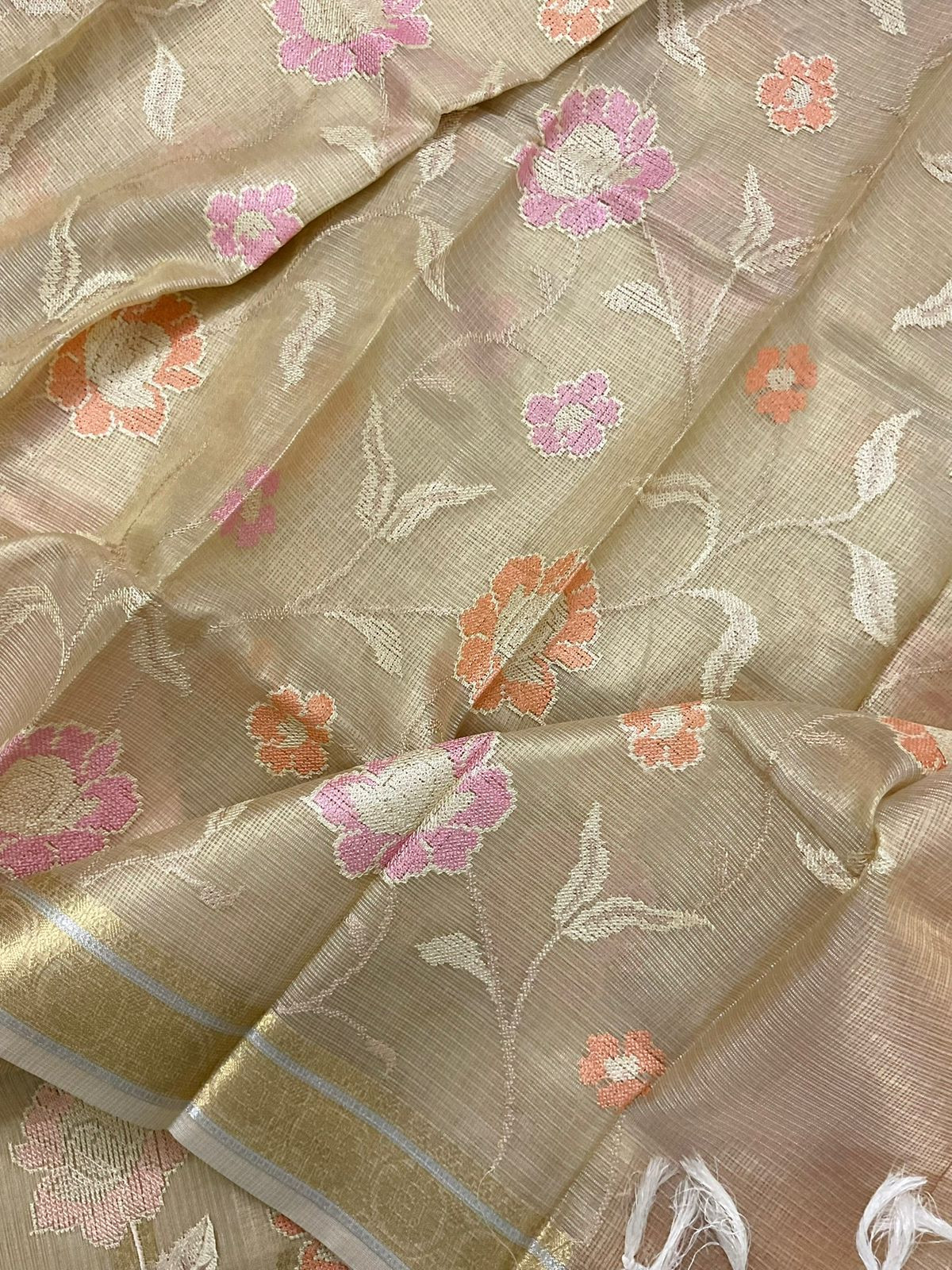 Soft Tissue Kota Silk Banarasi Weaved Embroidered Suit - Beige