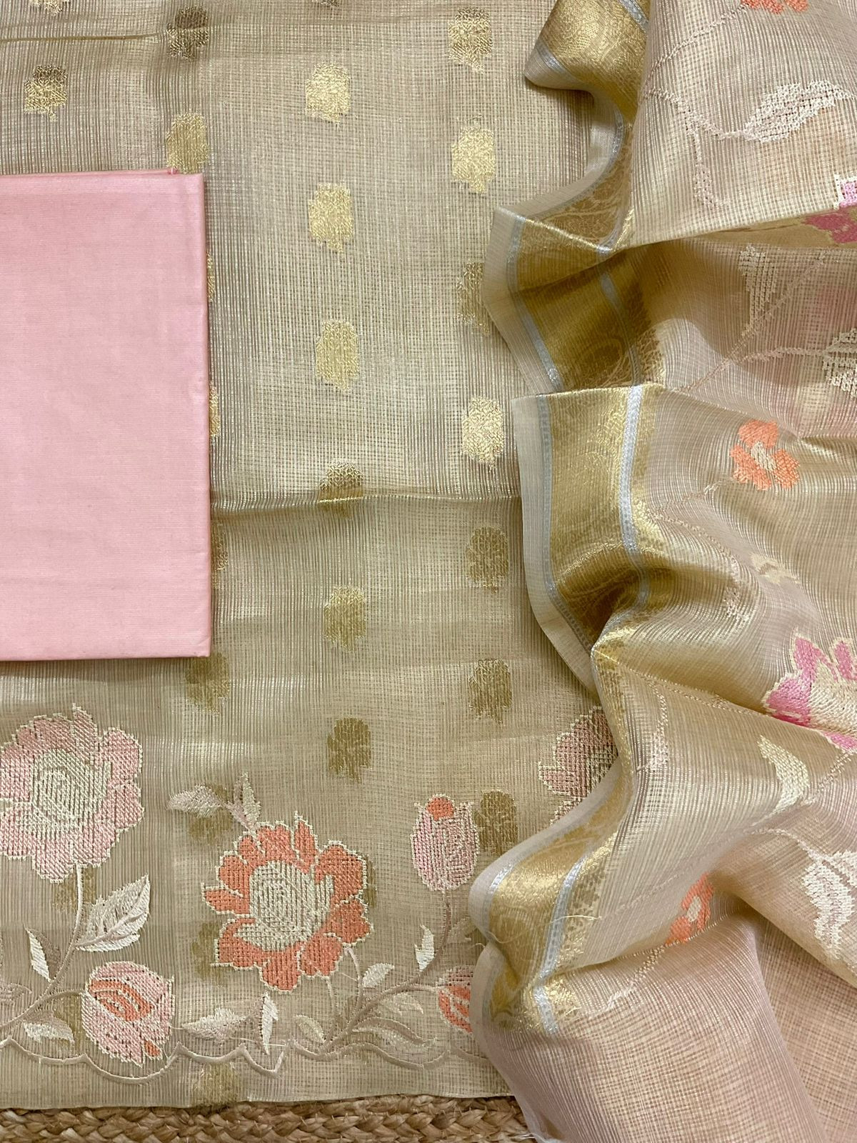 Soft Tissue Kota Silk Banarasi Weaved Embroidered Suit - Beige