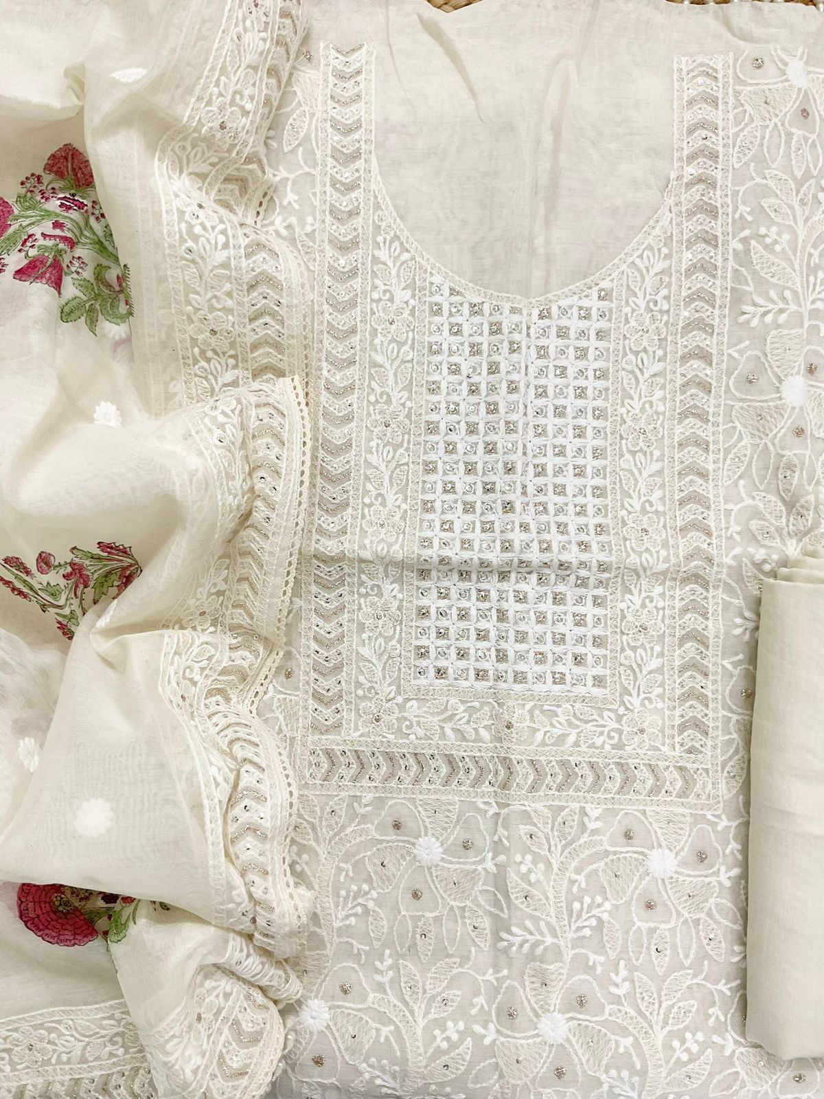 Pure Chanderi Printed Embroidered Suit - Off White