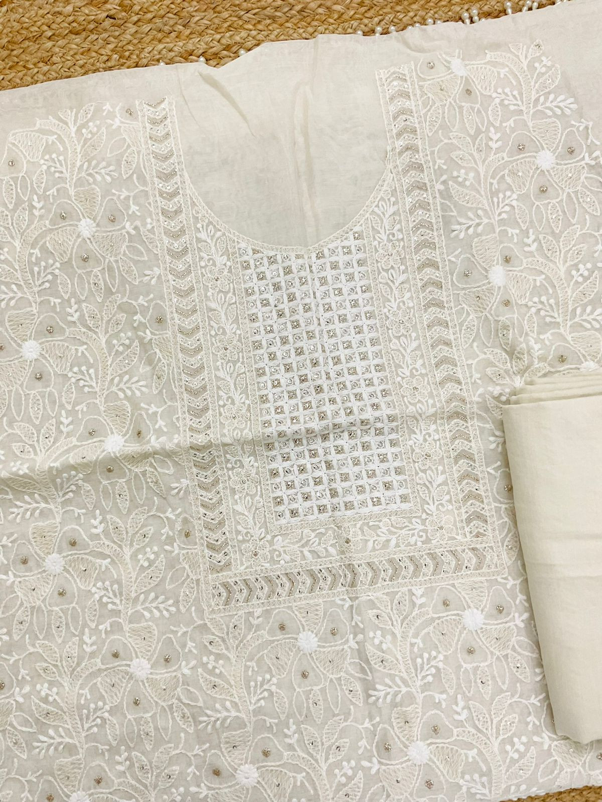 Pure Chanderi Printed Embroidered Suit - Off White