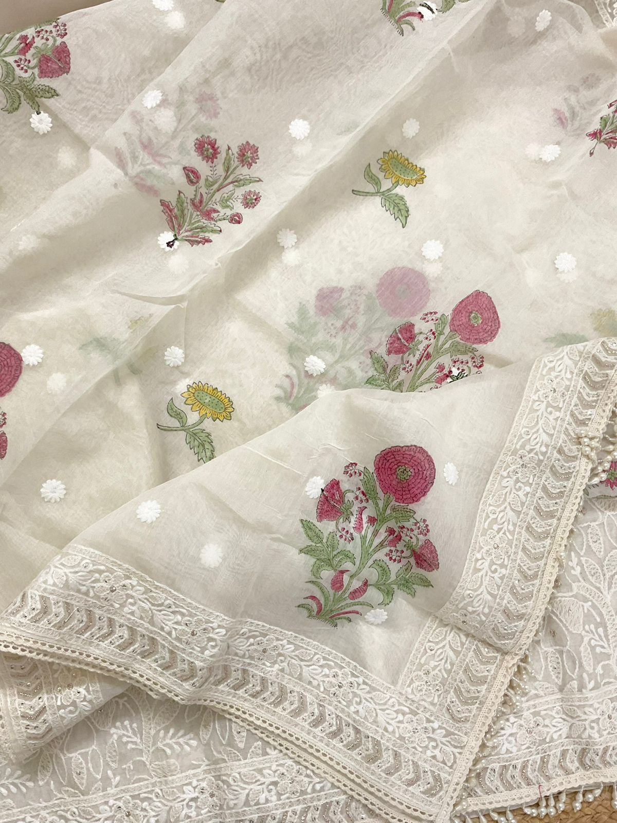 Pure Chanderi Printed Embroidered Suit - Off White