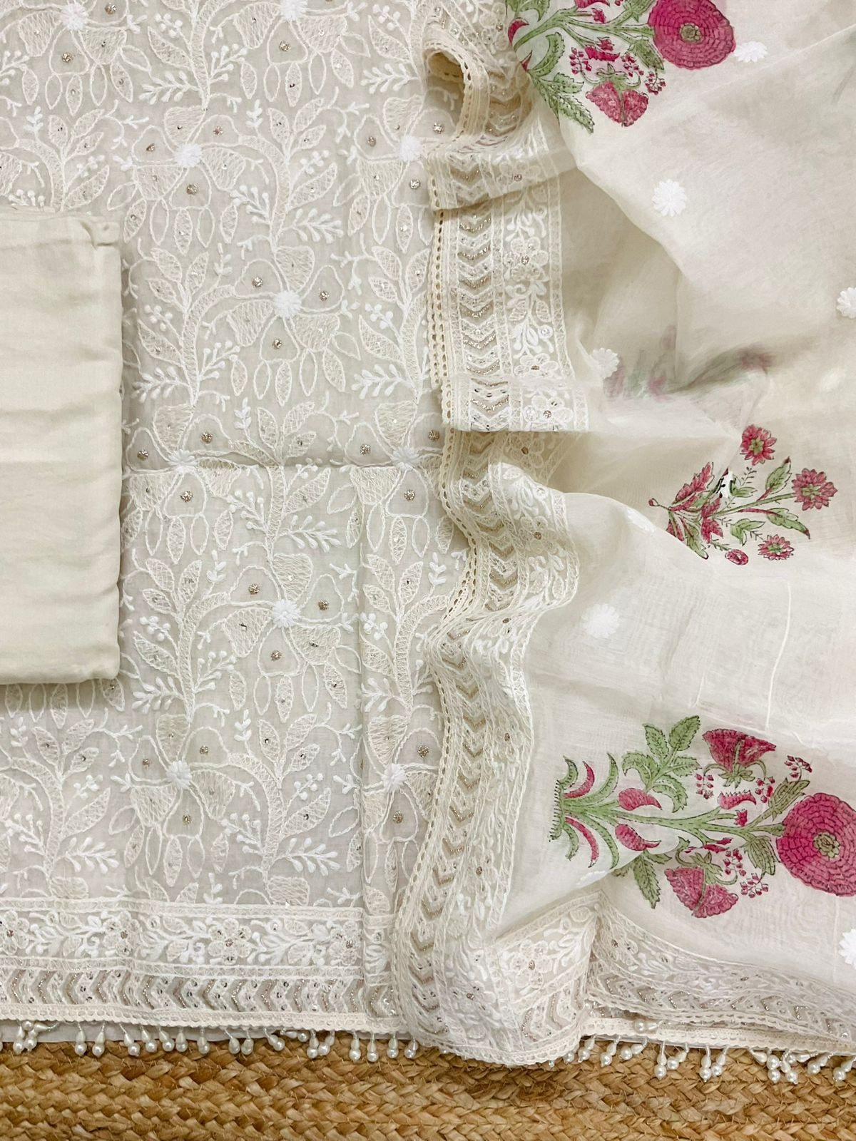 Pure Chanderi Printed Embroidered Suit - Off White