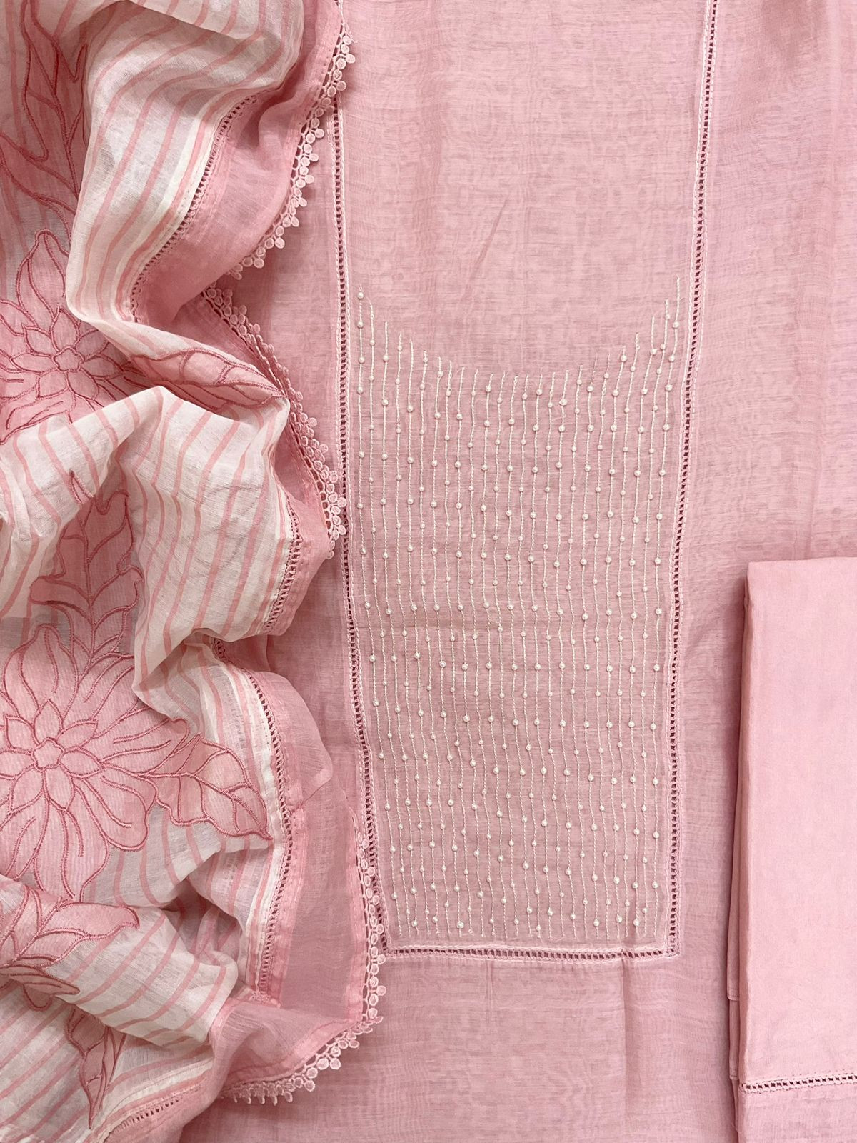 Pure Mul Chanderi Printed Embroidered Suit - Pink
