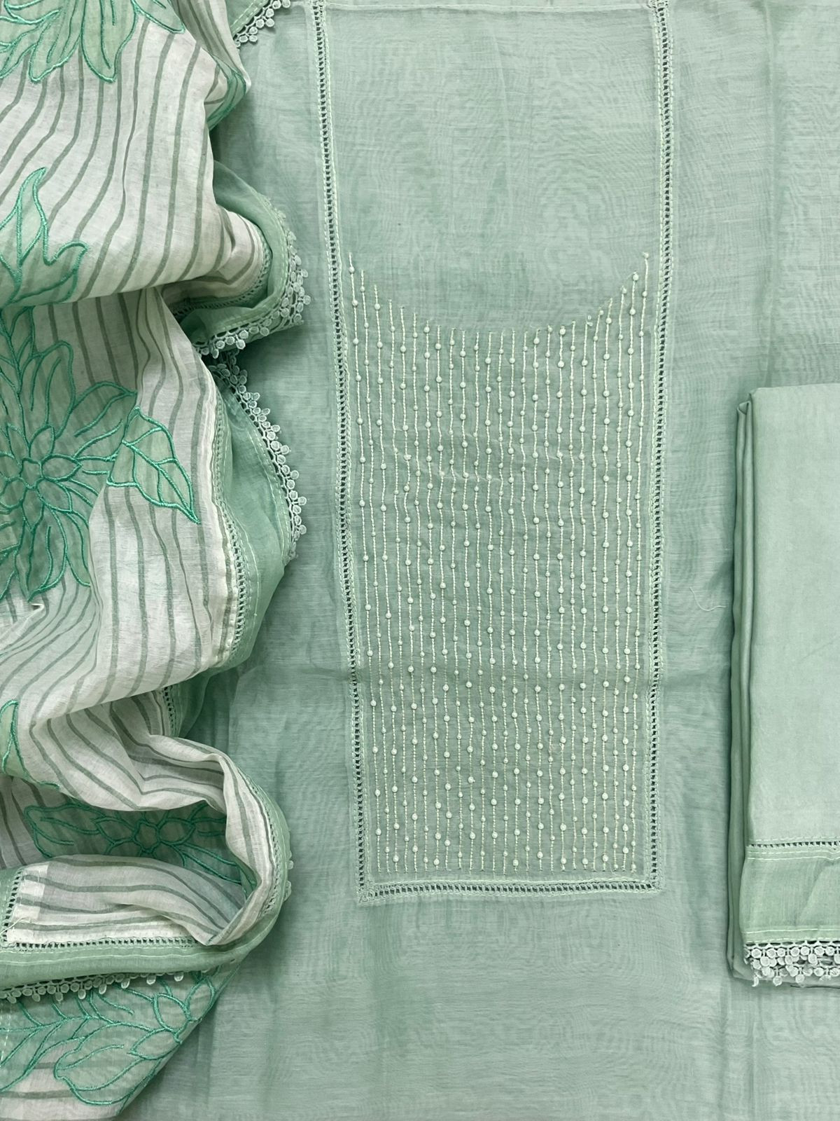 Pure Mul Chanderi Printed Embroidered Suit - Green