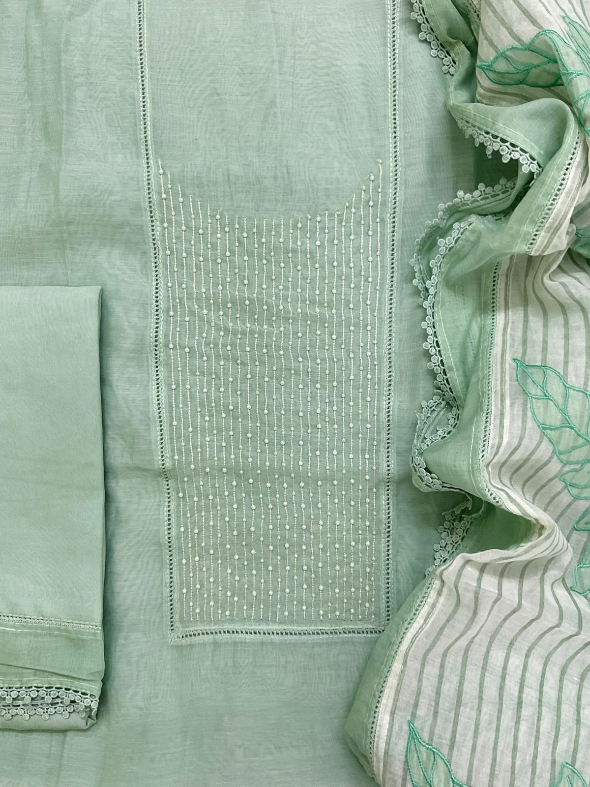 Pure Mul Chanderi Printed Embroidered Suit - Green