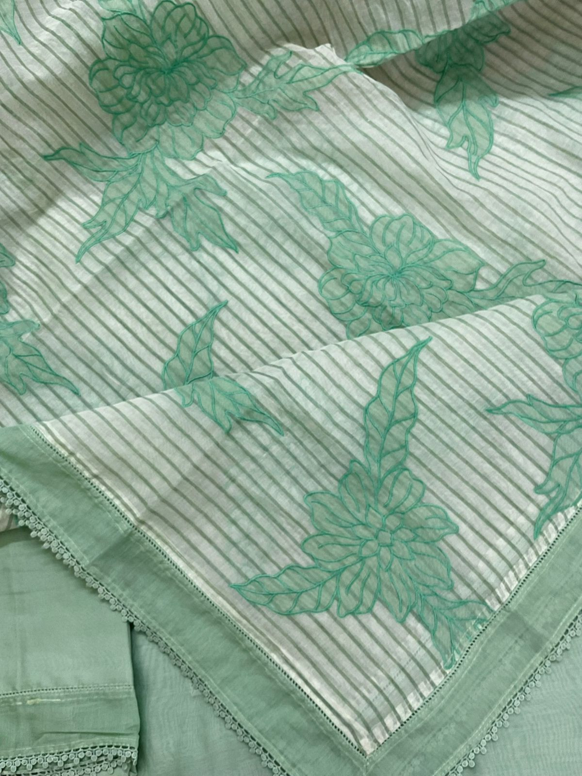 Pure Mul Chanderi Printed Embroidered Suit - Green