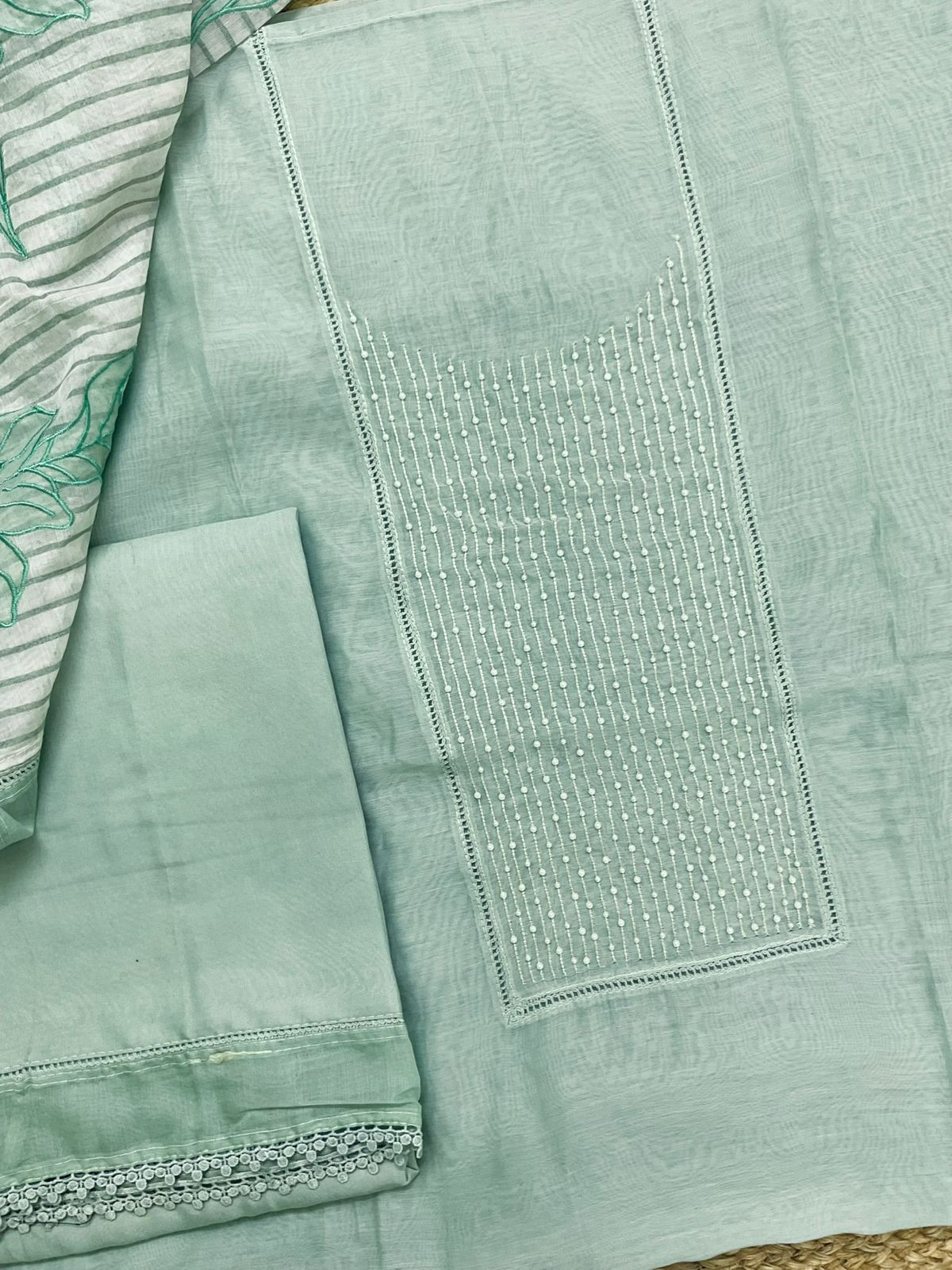 Pure Mul Chanderi Printed Embroidered Suit - Green