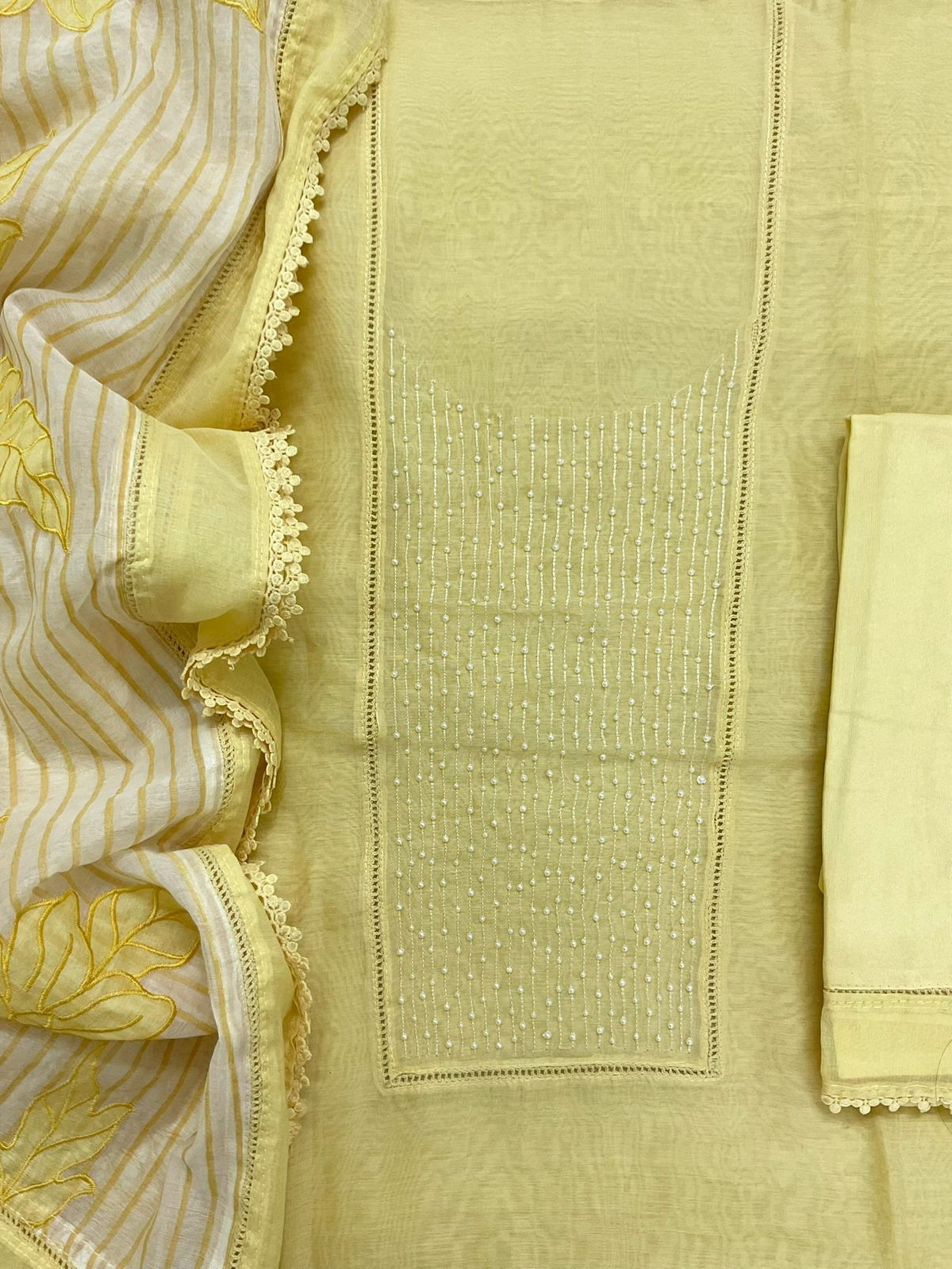 Pure Mul Chanderi Printed Embroidered Suit - Yellow