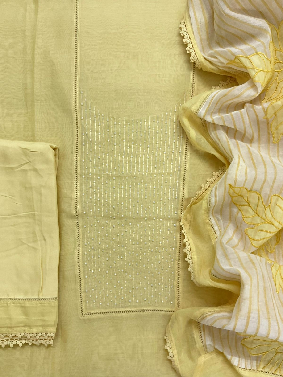 Pure Mul Chanderi Printed Embroidered Suit - Yellow