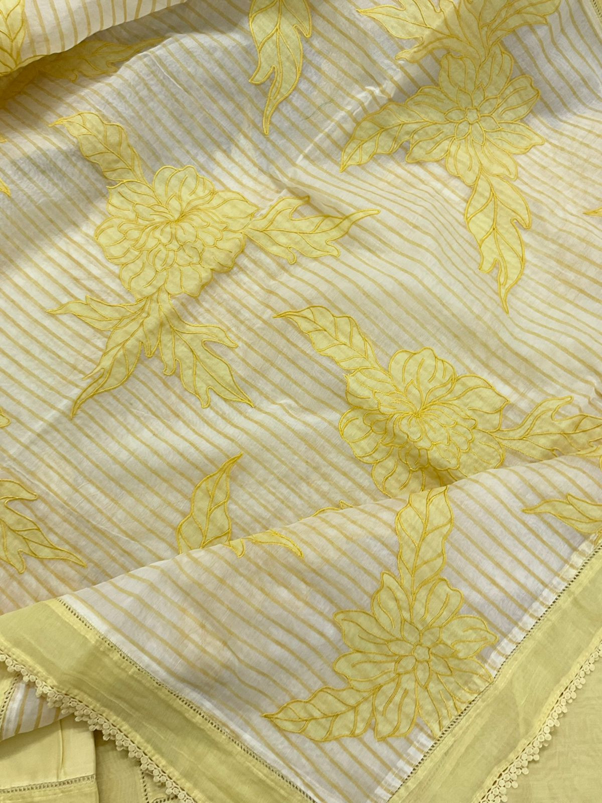 Pure Mul Chanderi Printed Embroidered Suit - Yellow