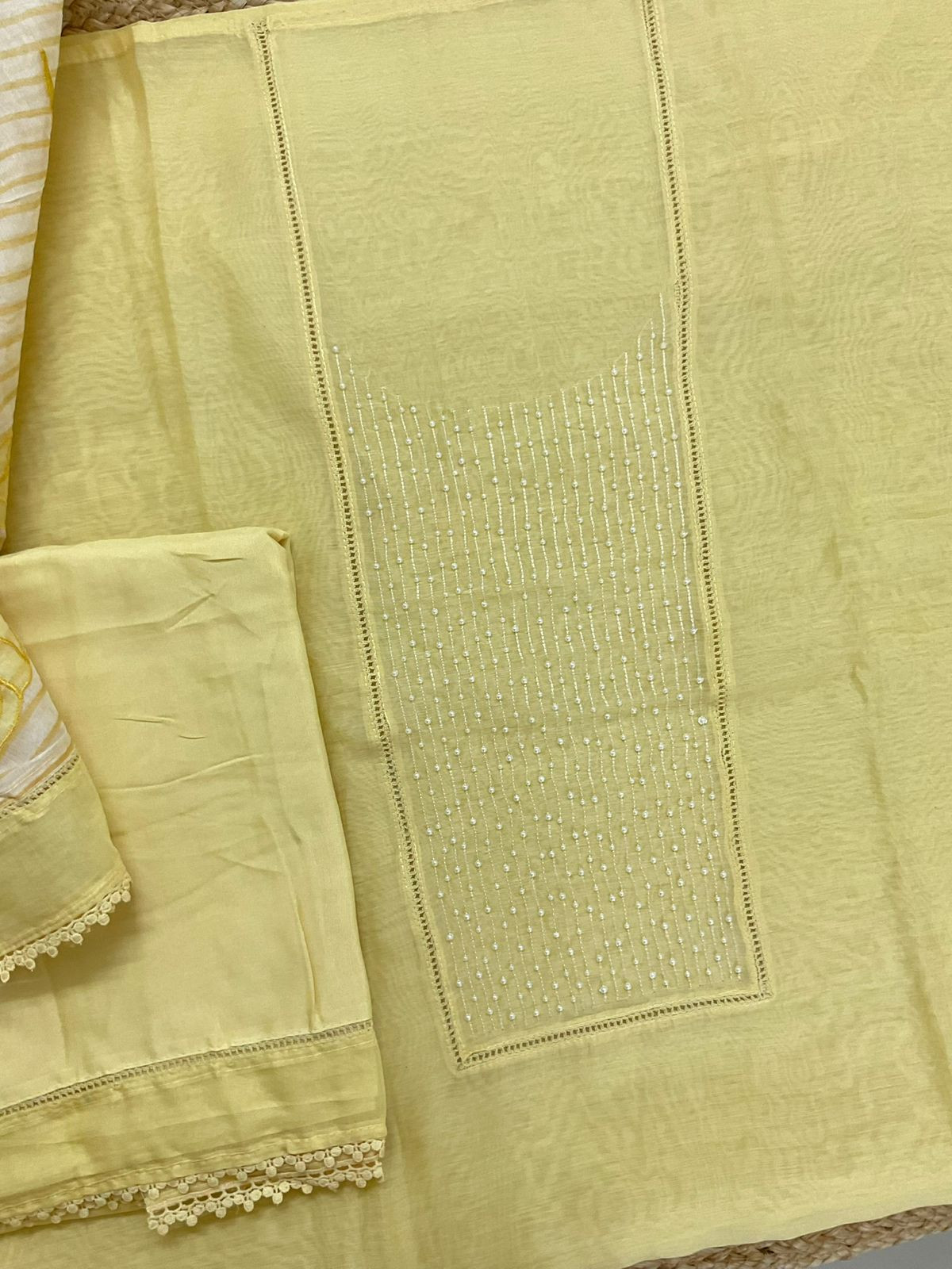 Pure Mul Chanderi Printed Embroidered Suit - Yellow